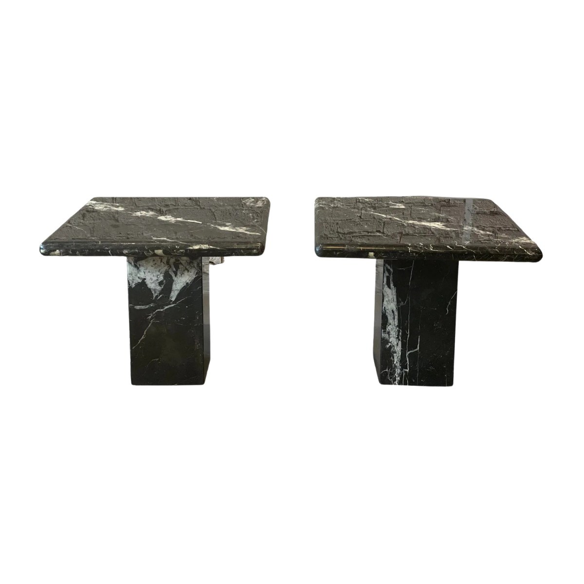 1980s Nero Marquina Black Marble Postmodern Side Tables - a Pair