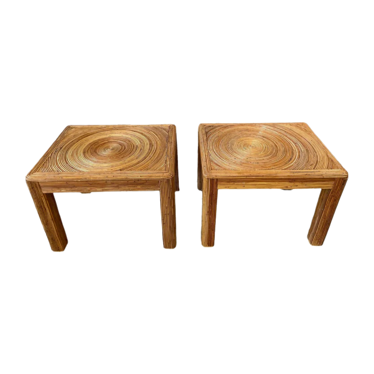 1970s Vintage Pencil Reed Rattan Bamboo Side Tables