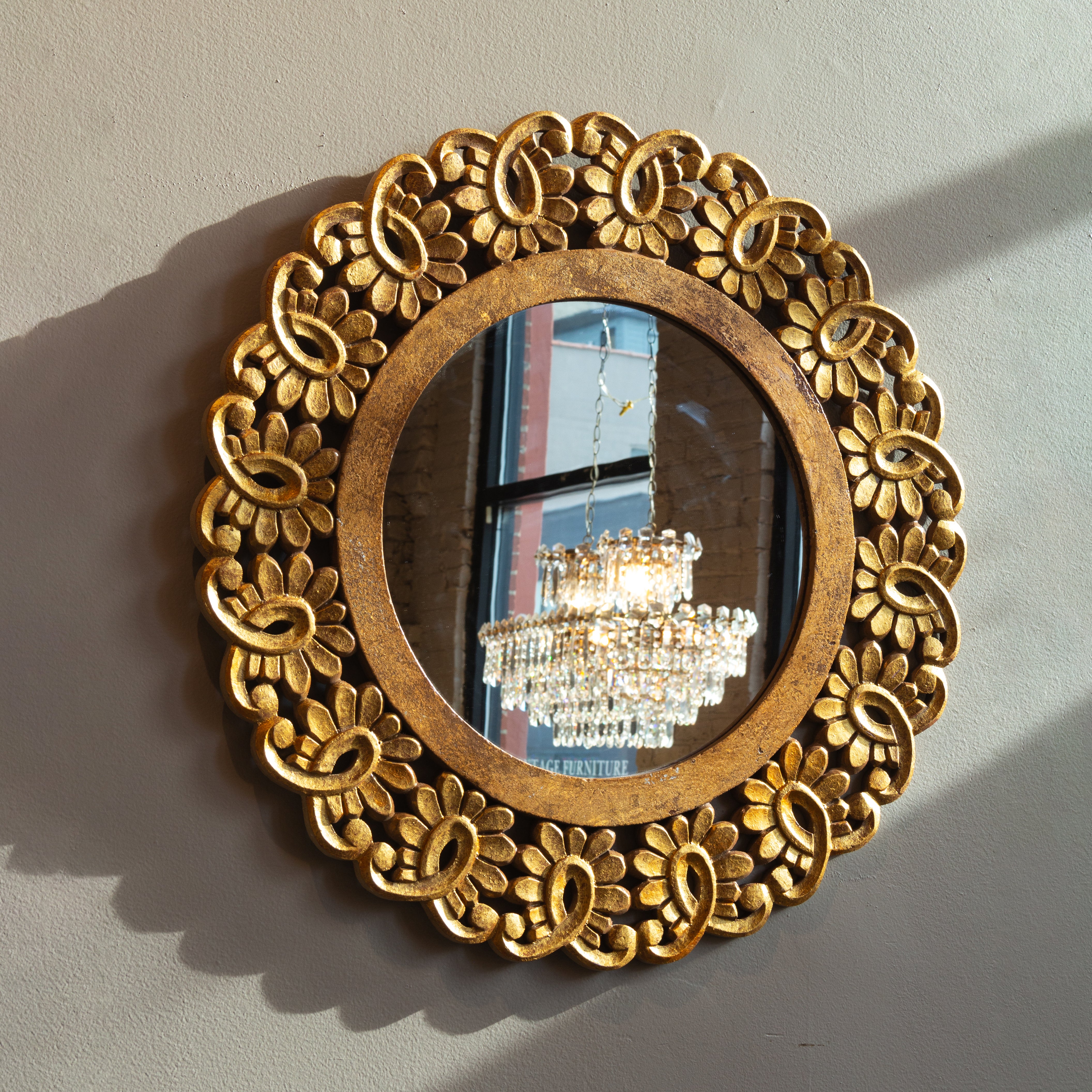 Vintage Gold Gilt Floral Round Mirror