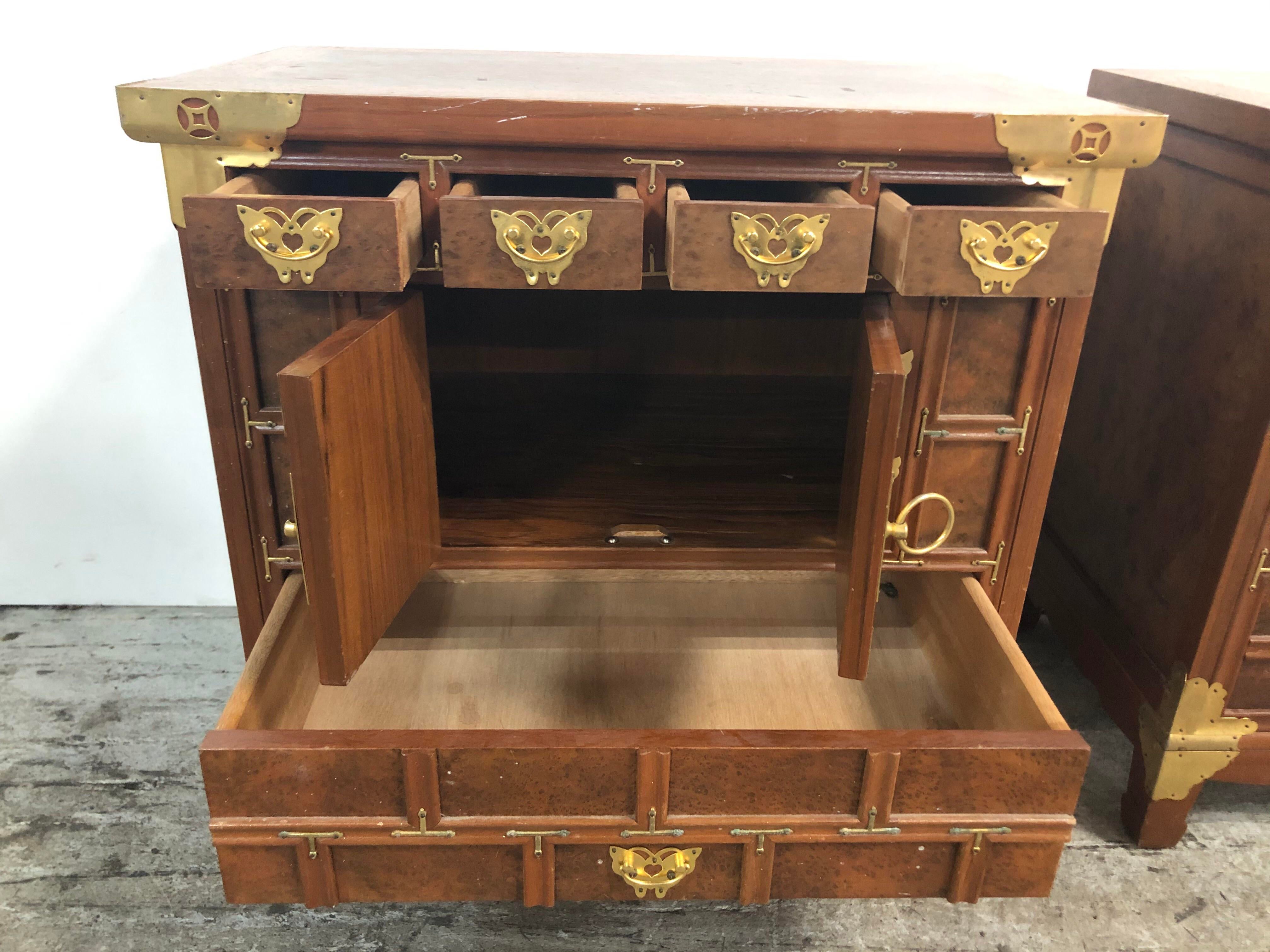 Asian Style Brass Detailed Nightstands - a Pair