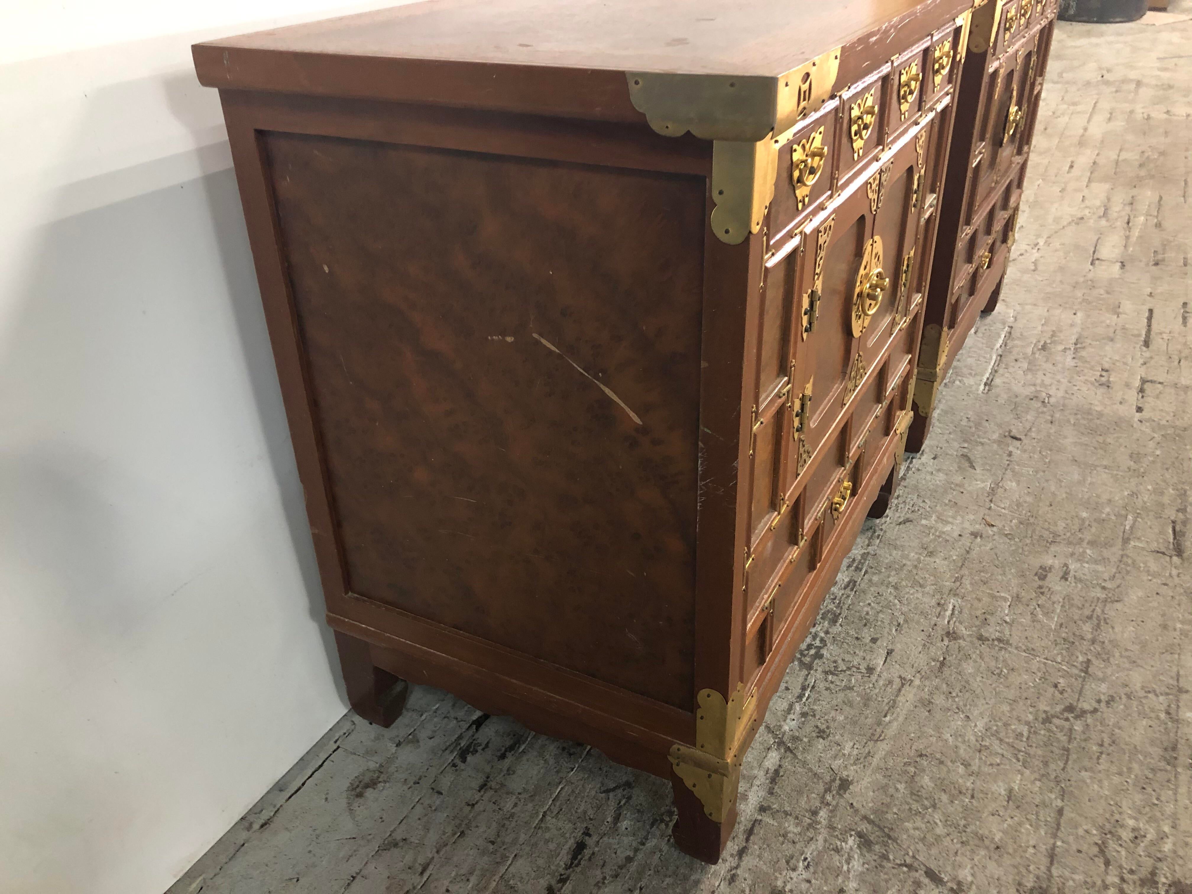 Asian Style Brass Detailed Nightstands - a Pair