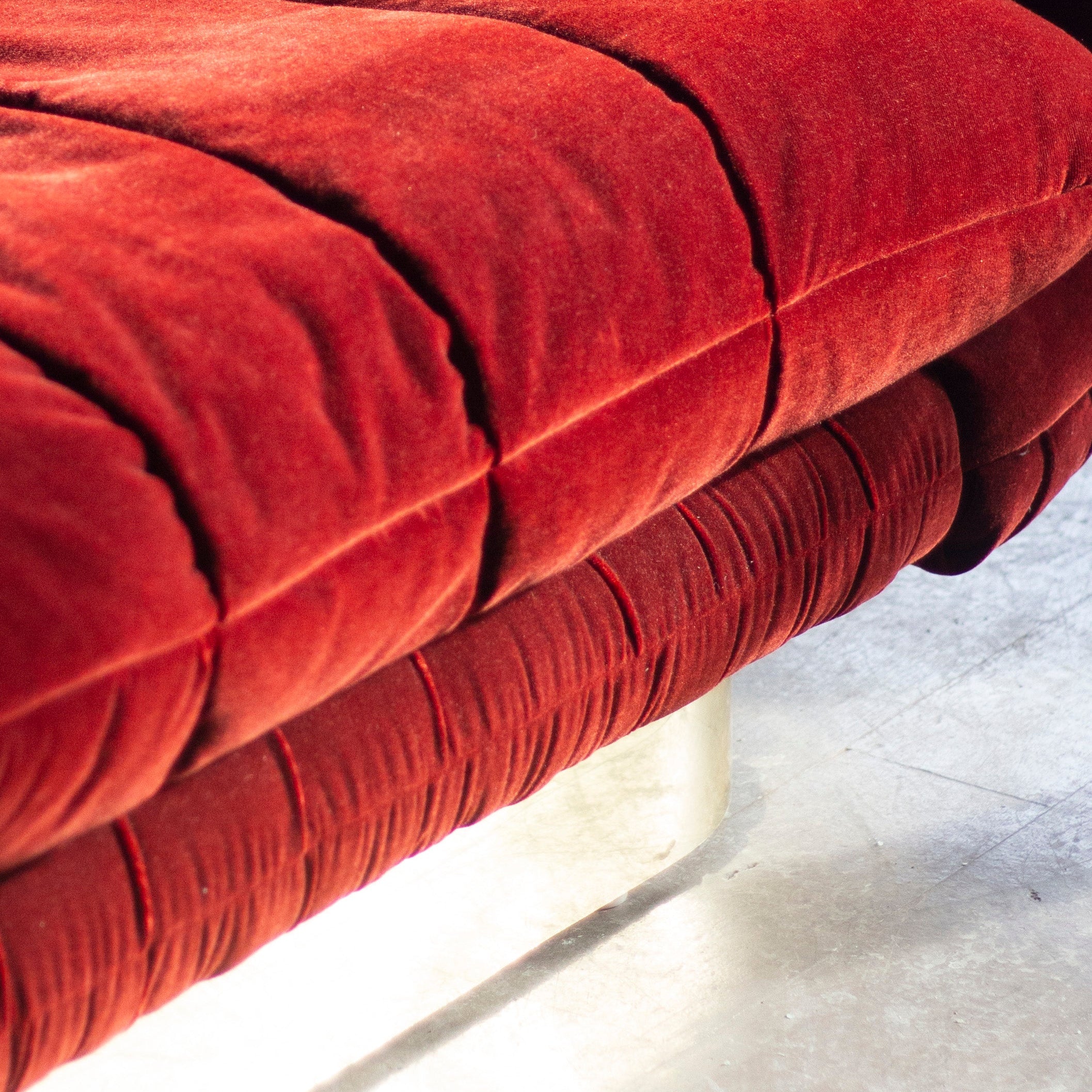 1970s Red Loveseat with Curved Arms & Brass Plinth Base