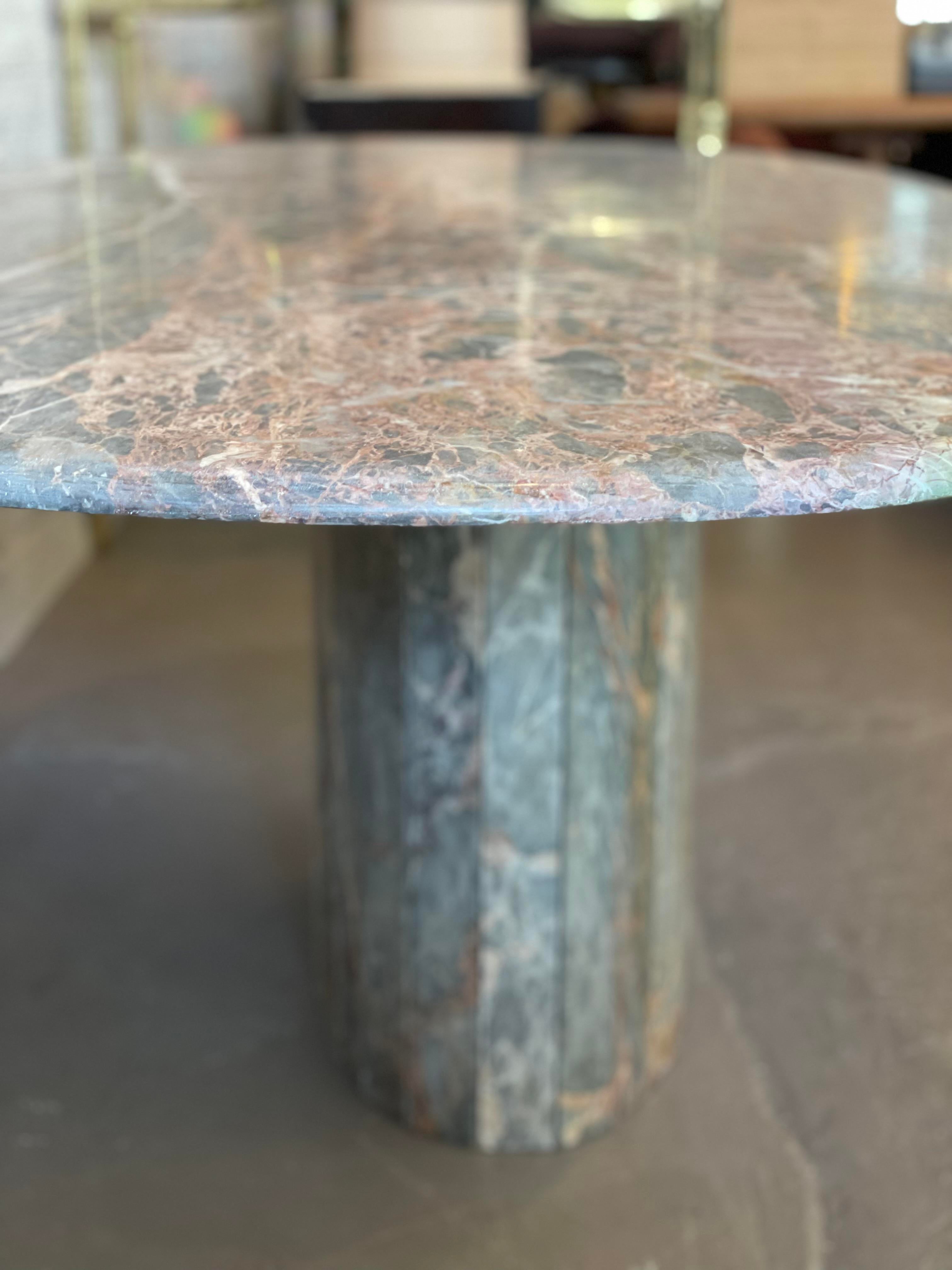 Italian Postmodern Gray and Pastel Colored Channel Base Oval Marble Dining Table - 1970s
