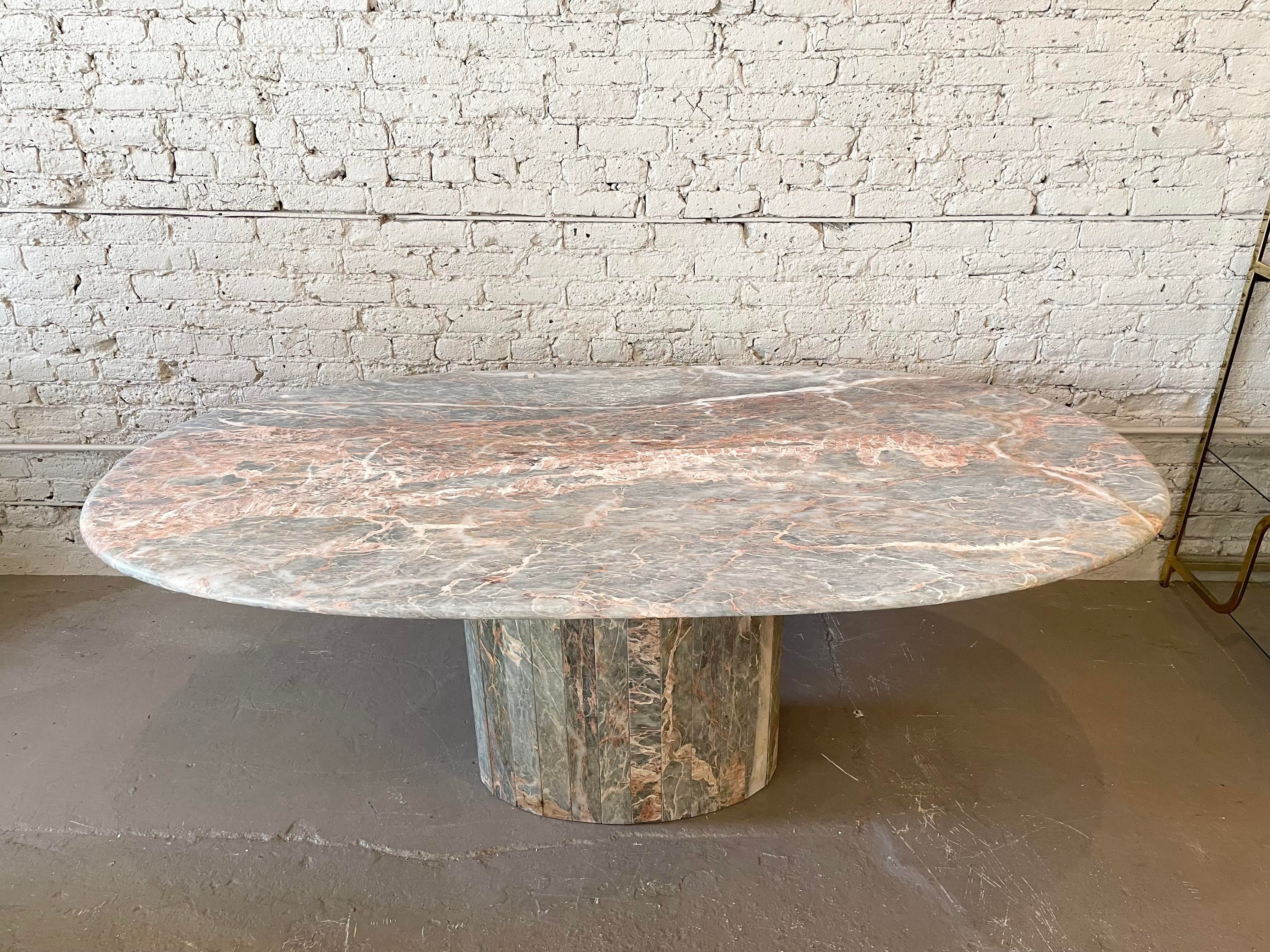Italian Postmodern Gray and Pastel Colored Channel Base Oval Marble Dining Table - 1970s