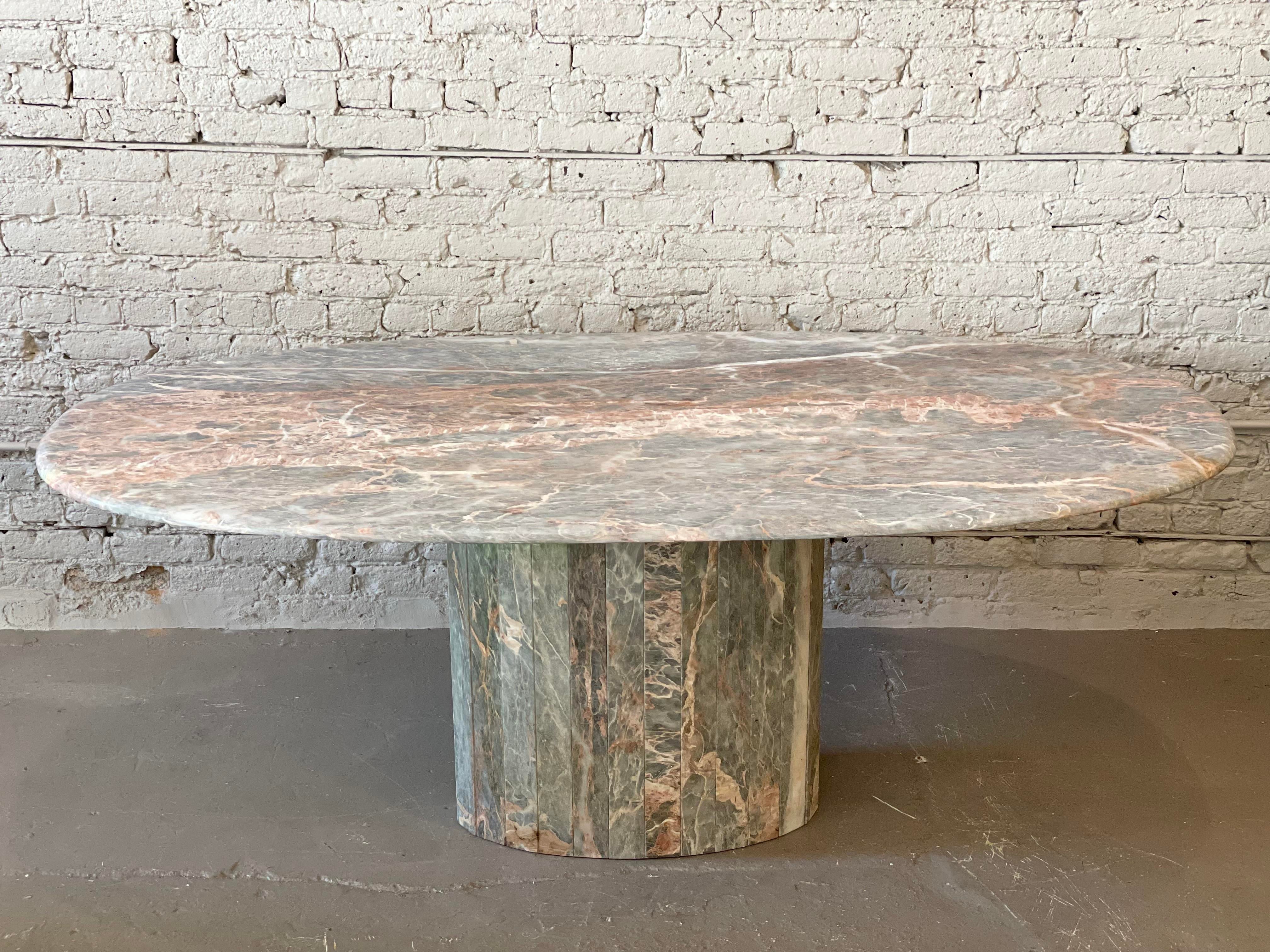 Italian Postmodern Gray and Pastel Colored Channel Base Oval Marble Dining Table - 1970s