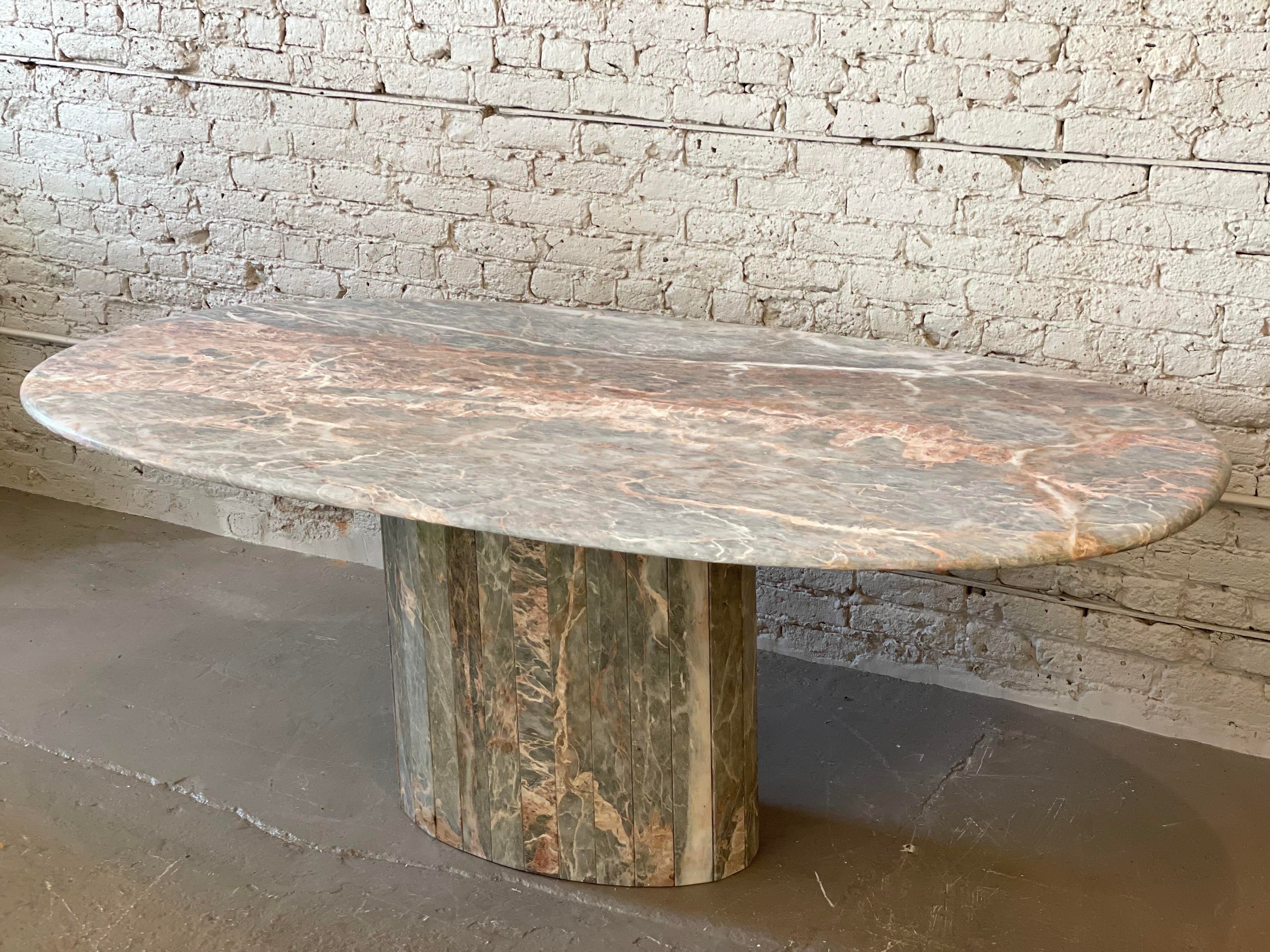 Italian Postmodern Gray and Pastel Colored Channel Base Oval Marble Dining Table - 1970s