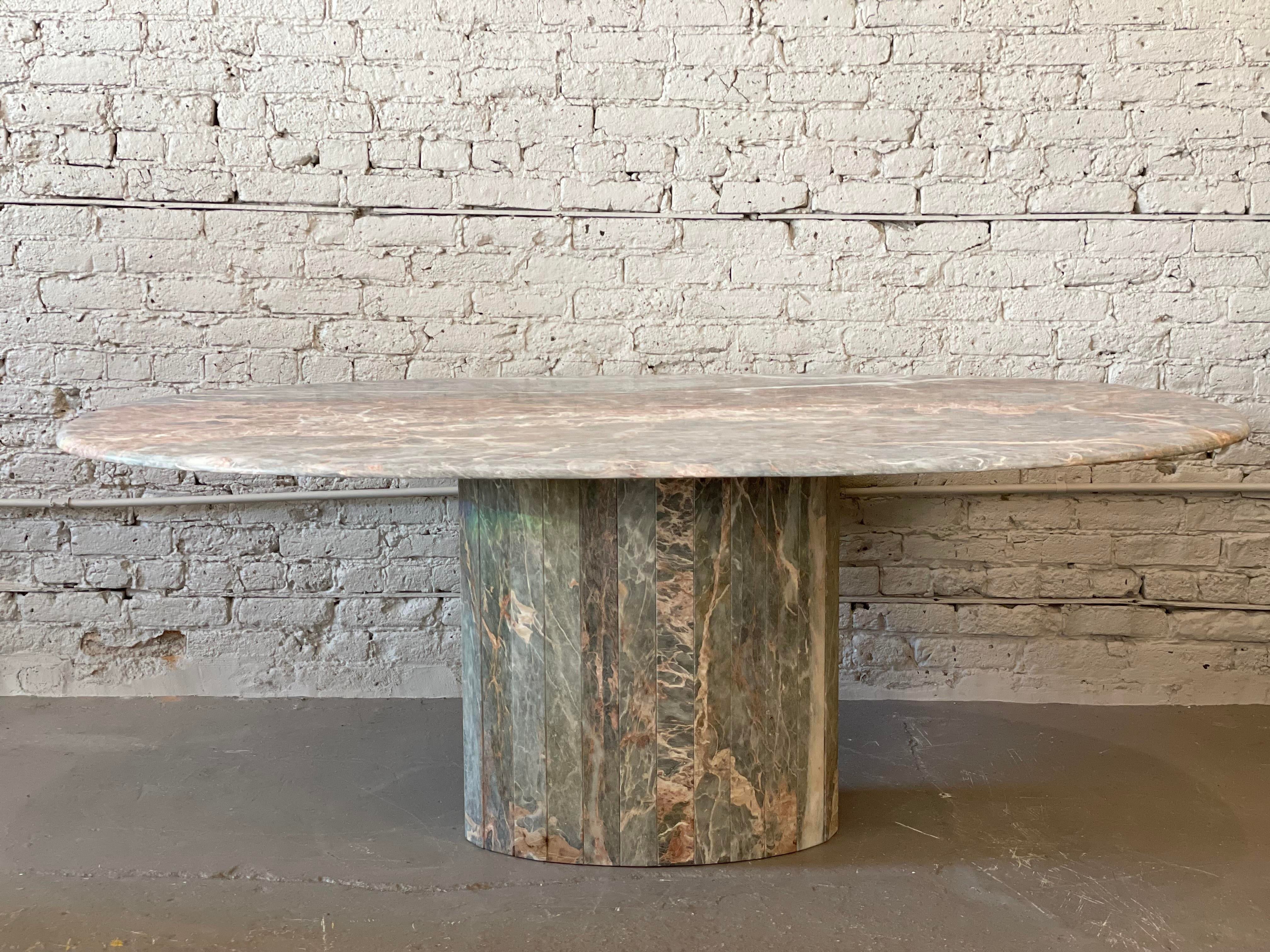 Italian Postmodern Gray and Pastel Colored Channel Base Oval Marble Dining Table - 1970s