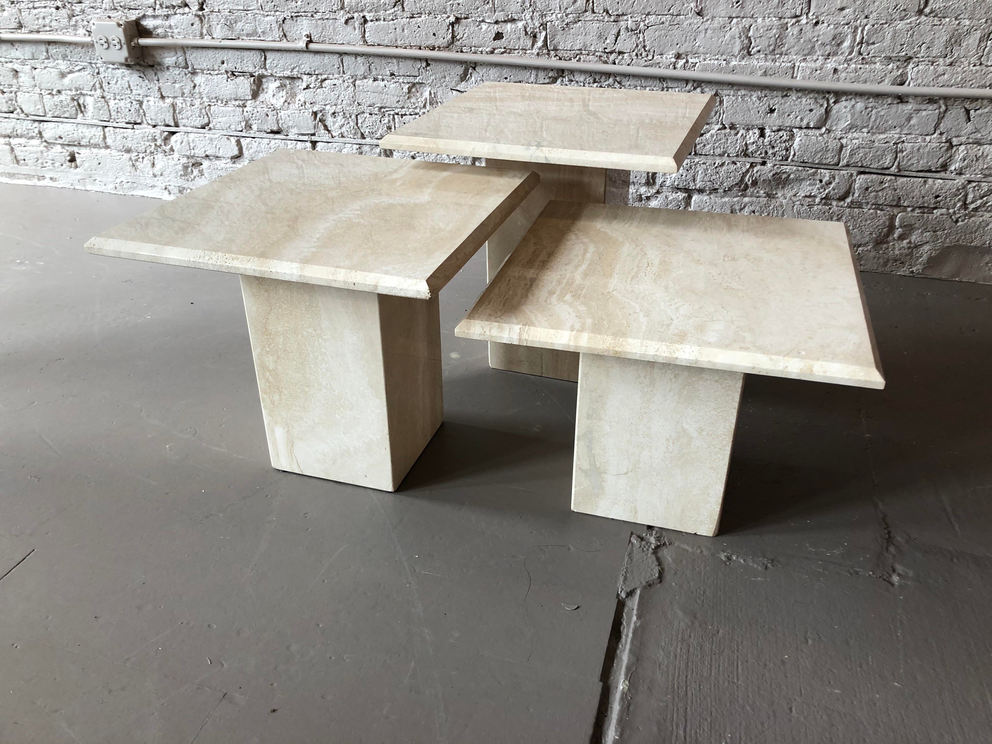 Italian Postmodern Travertine Coffee Table Trio - 3 Pieces