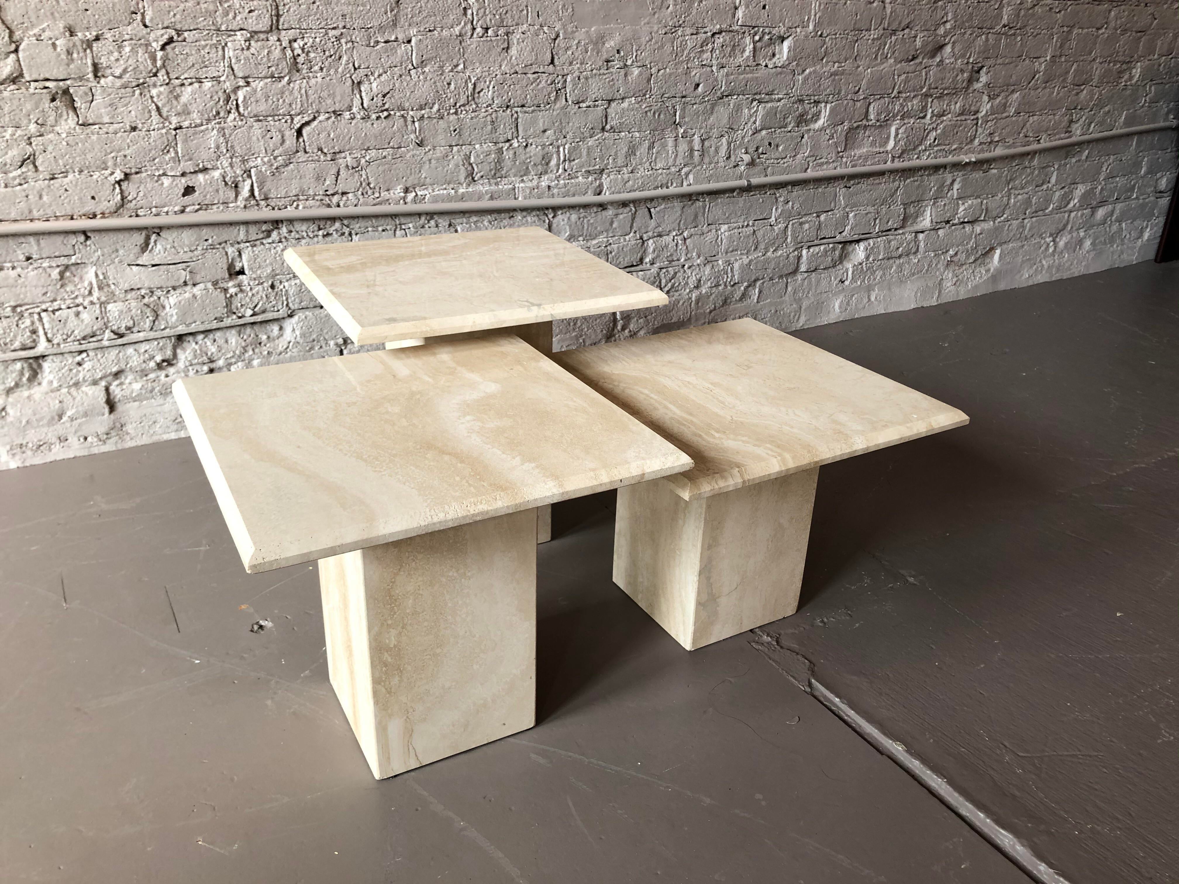 Italian Postmodern Travertine Coffee Table Trio - 3 Pieces