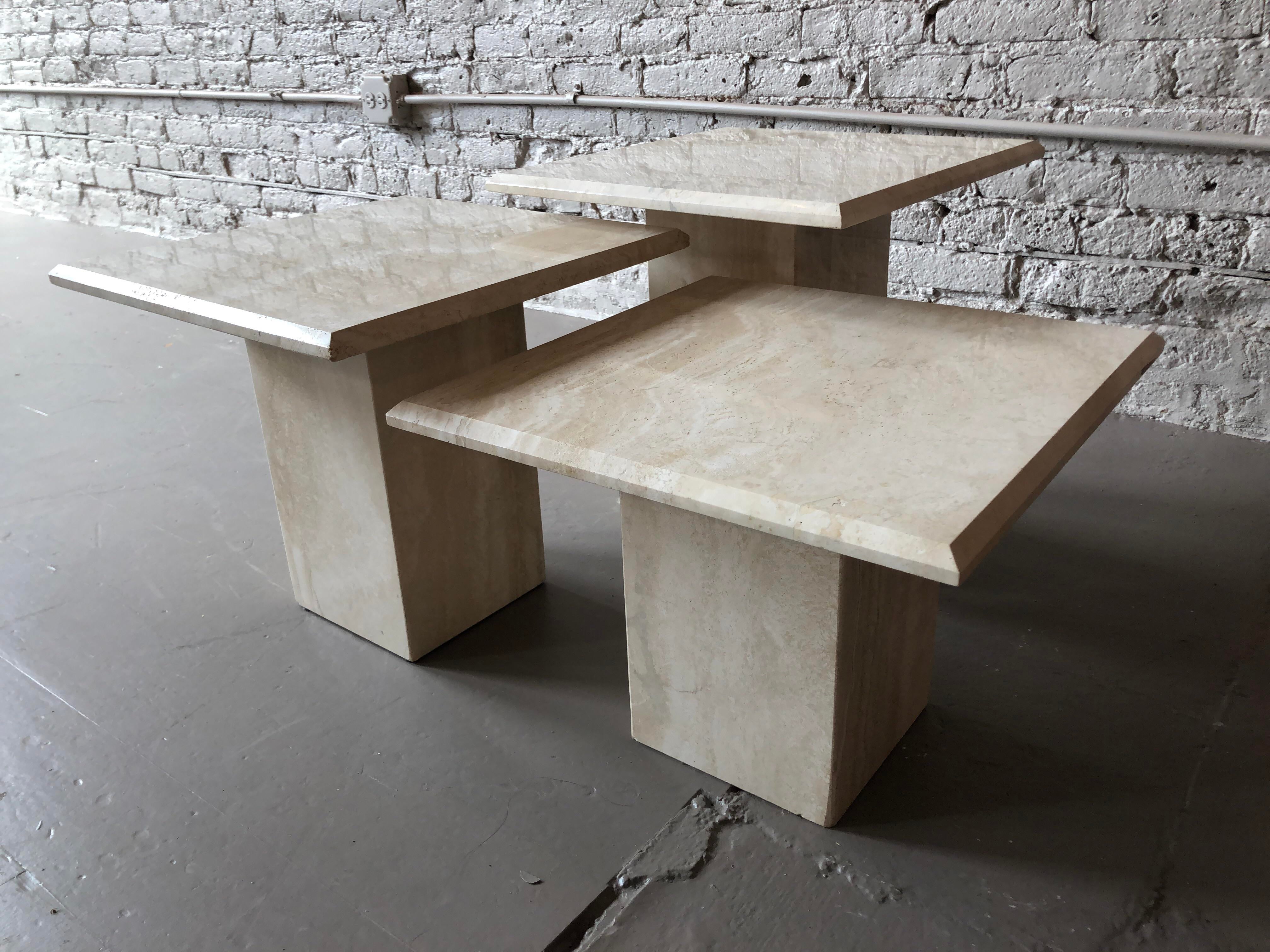 Italian Postmodern Travertine Coffee Table Trio - 3 Pieces