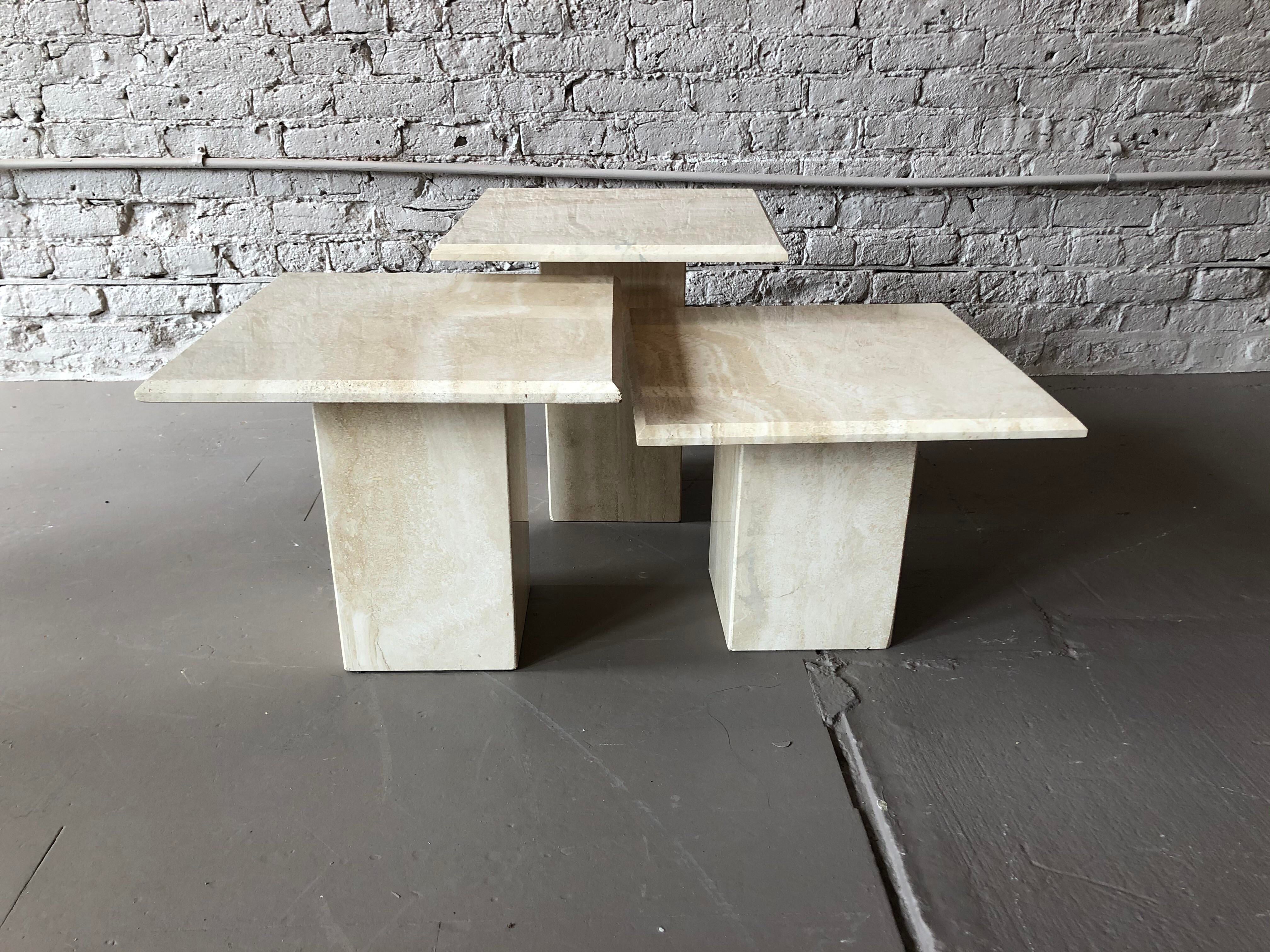 Italian Postmodern Travertine Coffee Table Trio - 3 Pieces