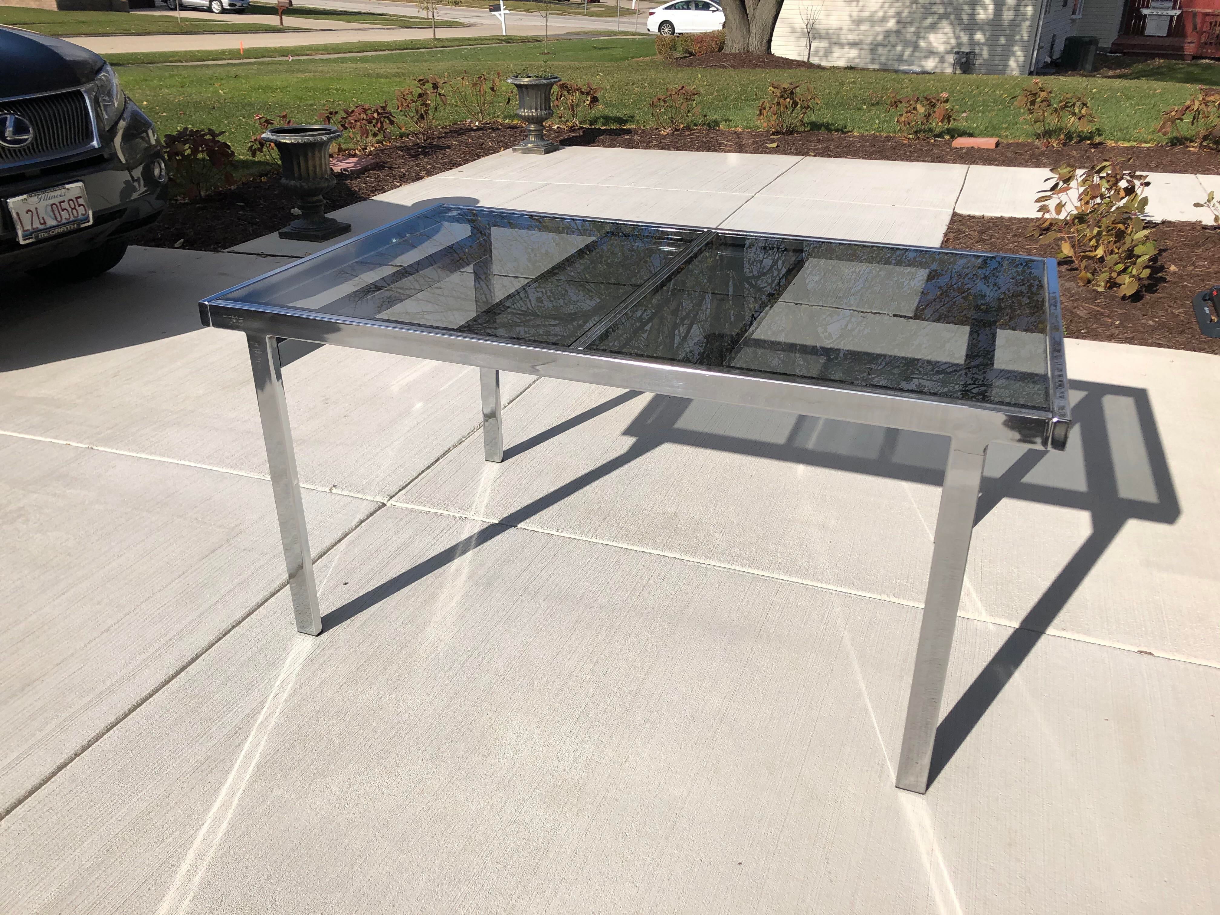 Milo Baughman Style Chrome Smoke Glass Dining Table