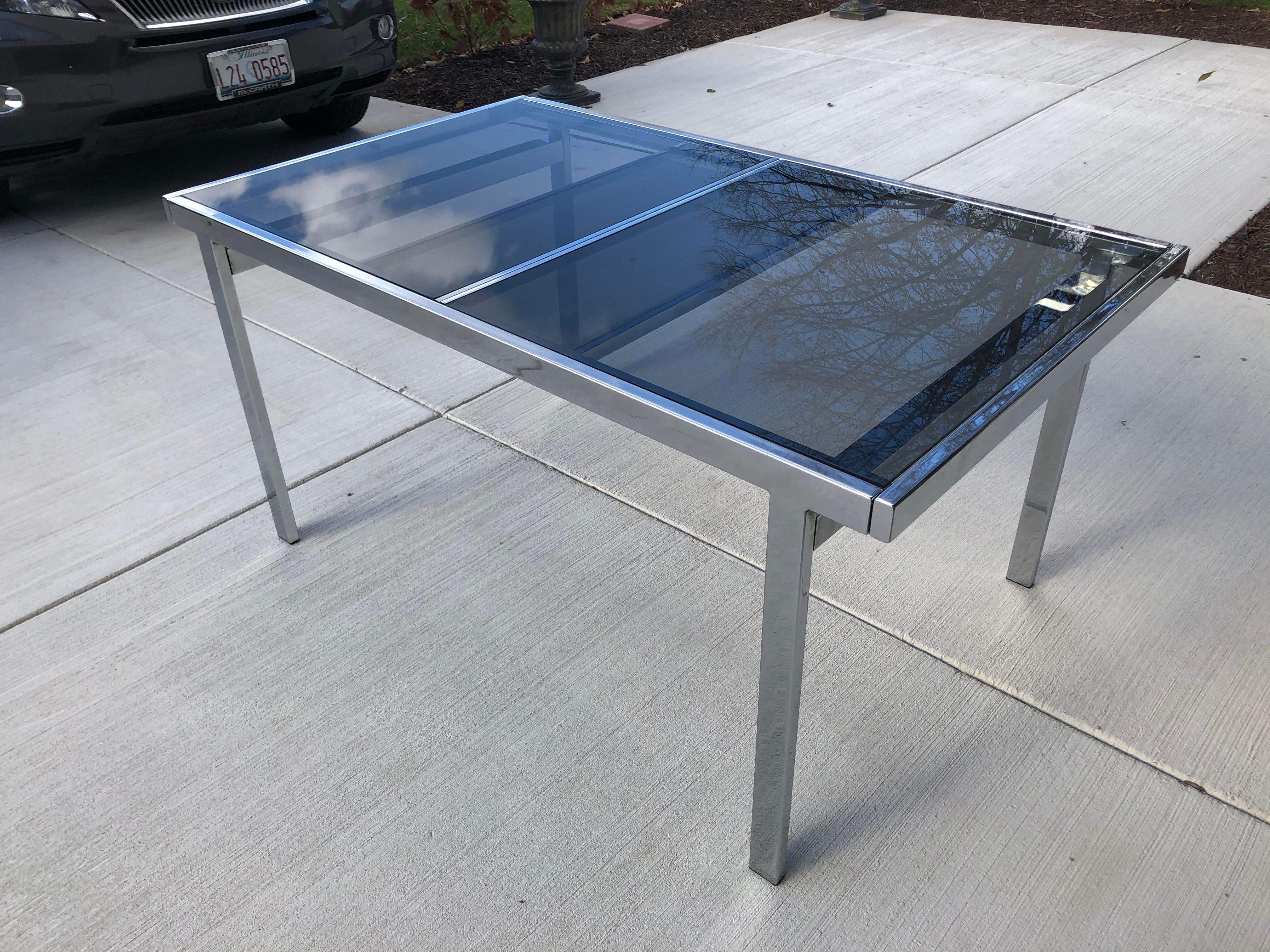 Milo Baughman Style Chrome Smoke Glass Dining Table