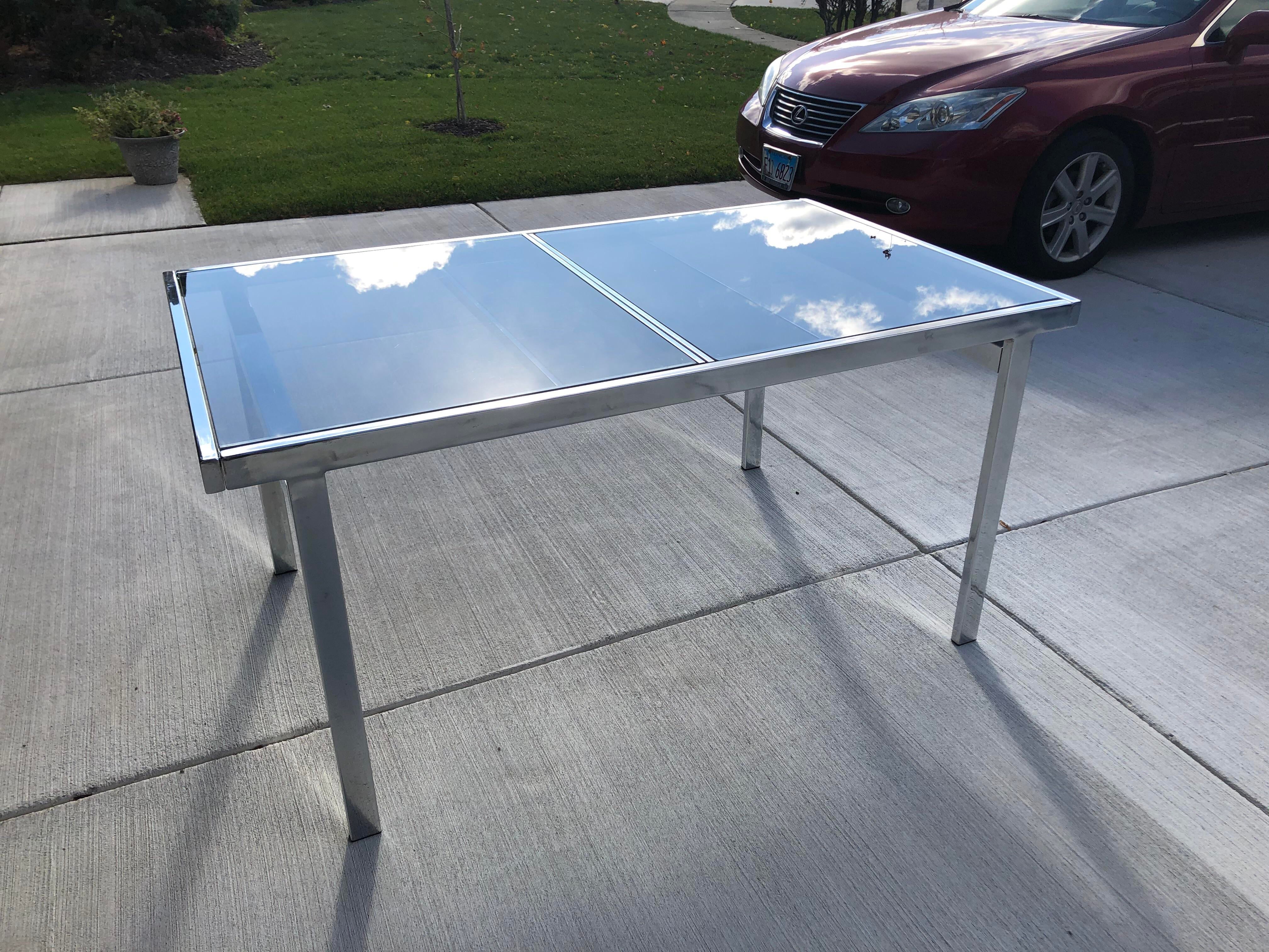Milo Baughman Style Chrome Smoke Glass Dining Table