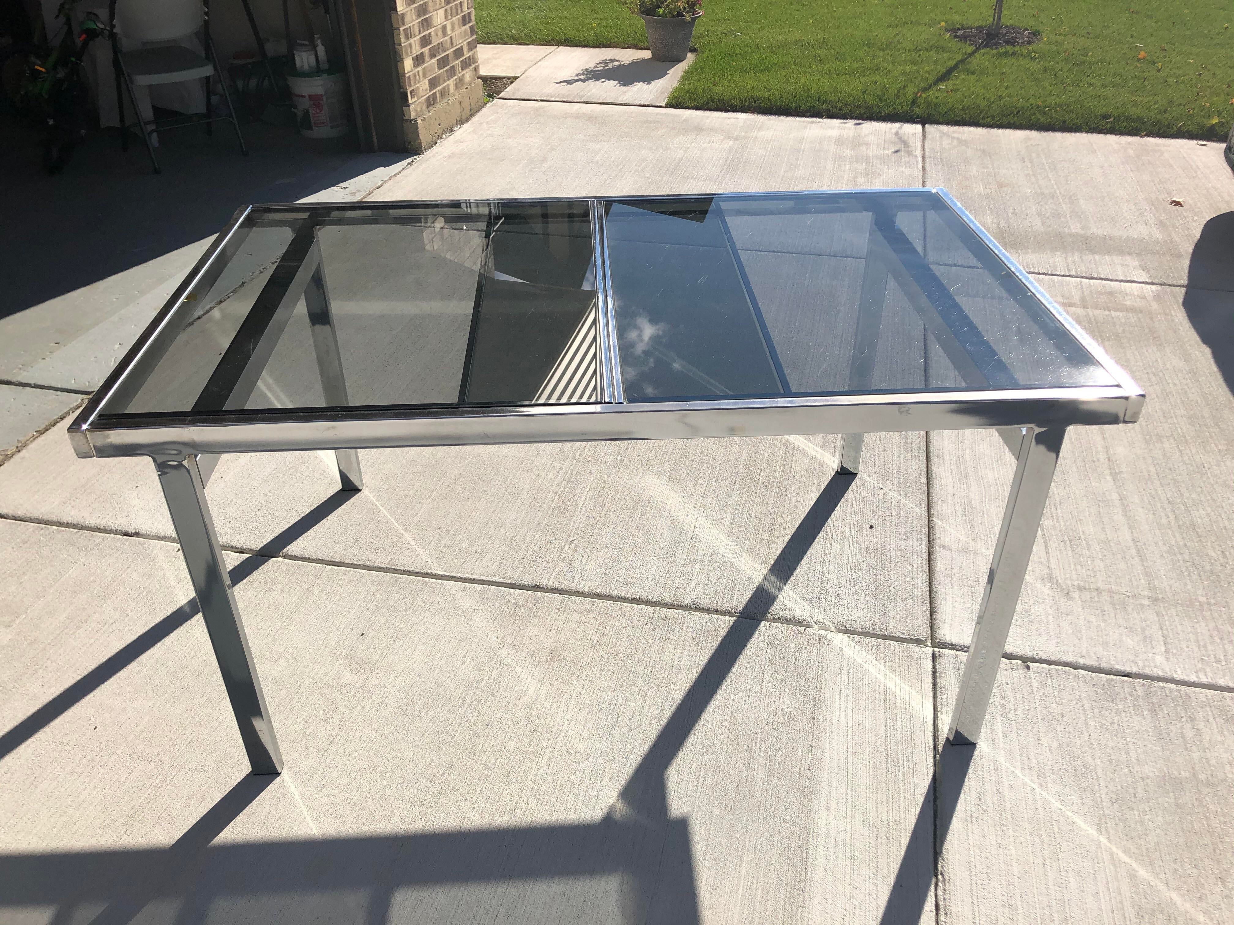 Milo Baughman Style Chrome Smoke Glass Dining Table