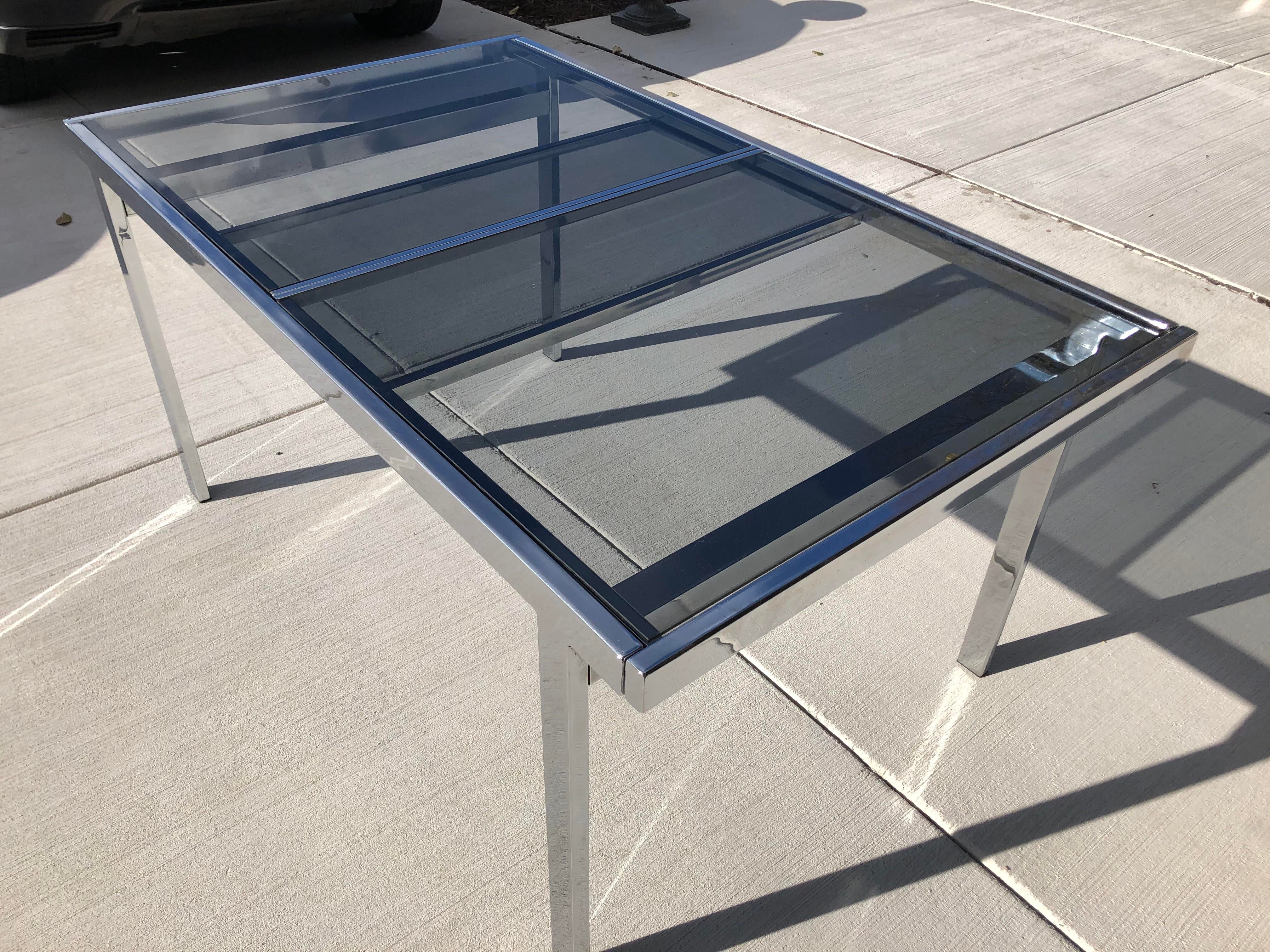 Milo Baughman Style Chrome Smoke Glass Dining Table