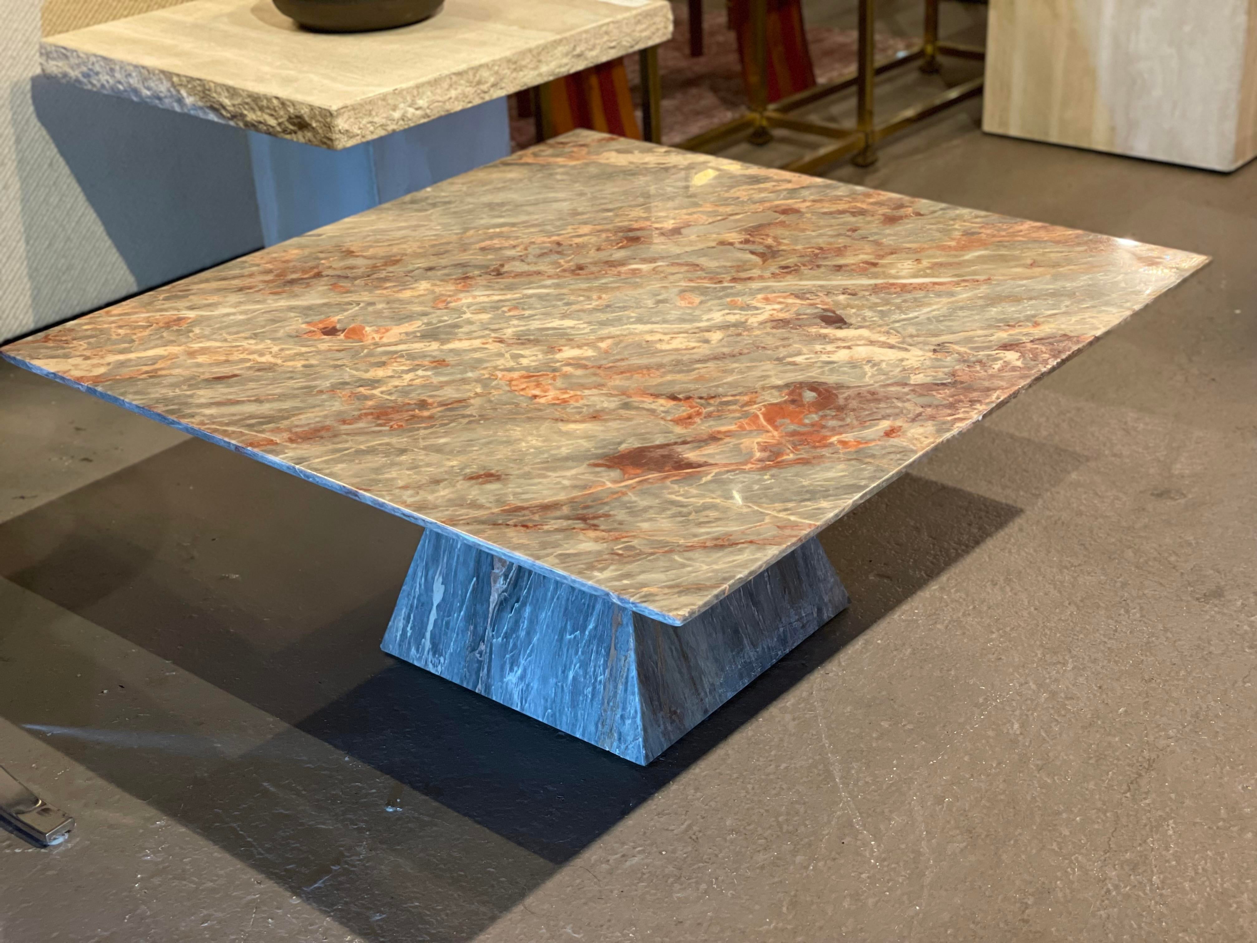 Post Modern Marble Gray Peach Coffee Table With Trapezoid Base
