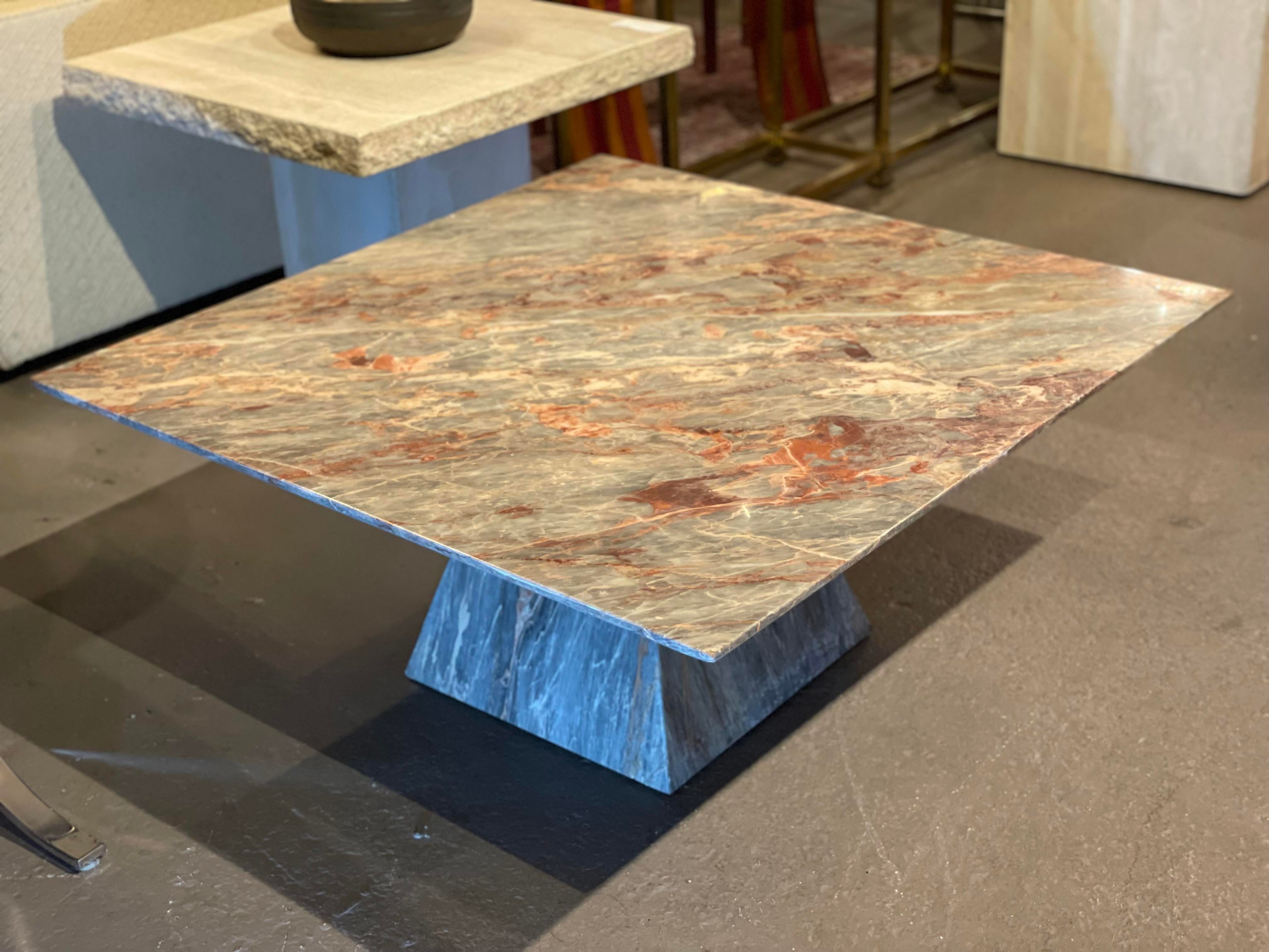 Post Modern Marble Gray Peach Coffee Table With Trapezoid Base