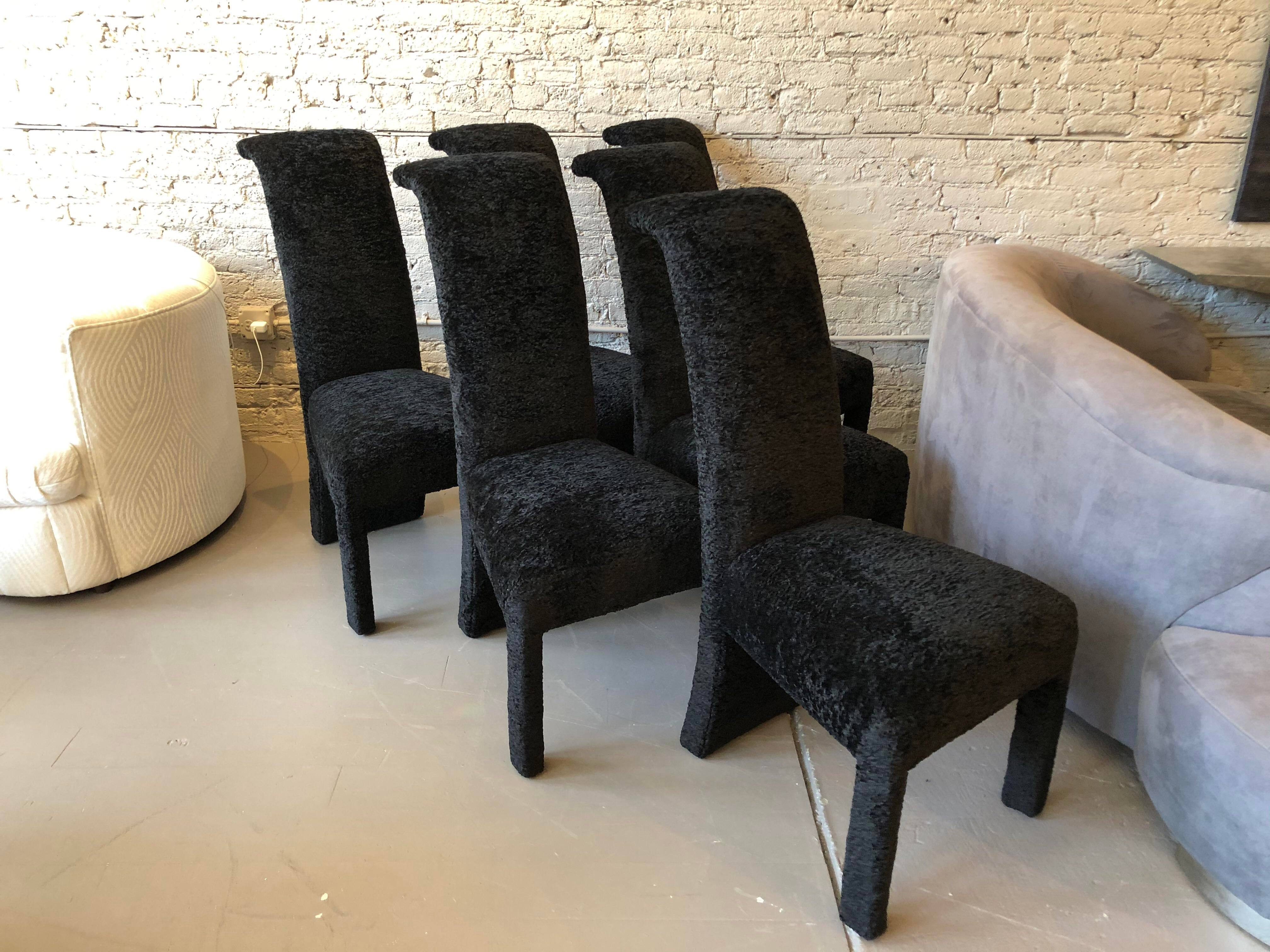 Postmodern Black Persian Lamb Boucle Dining Chairs