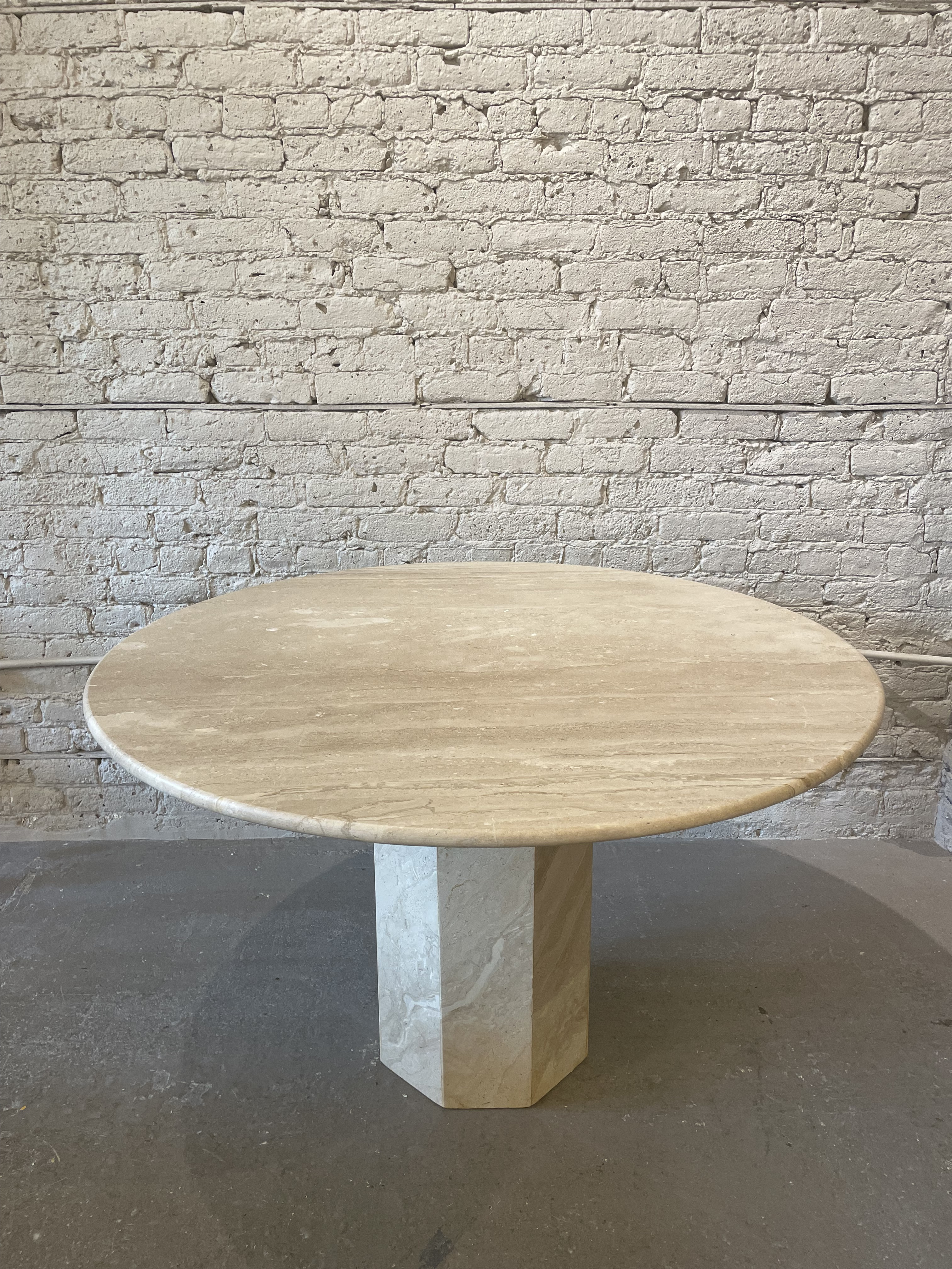 Postmodern Italian Travertine Honed Dining Pedestal Table 1970s