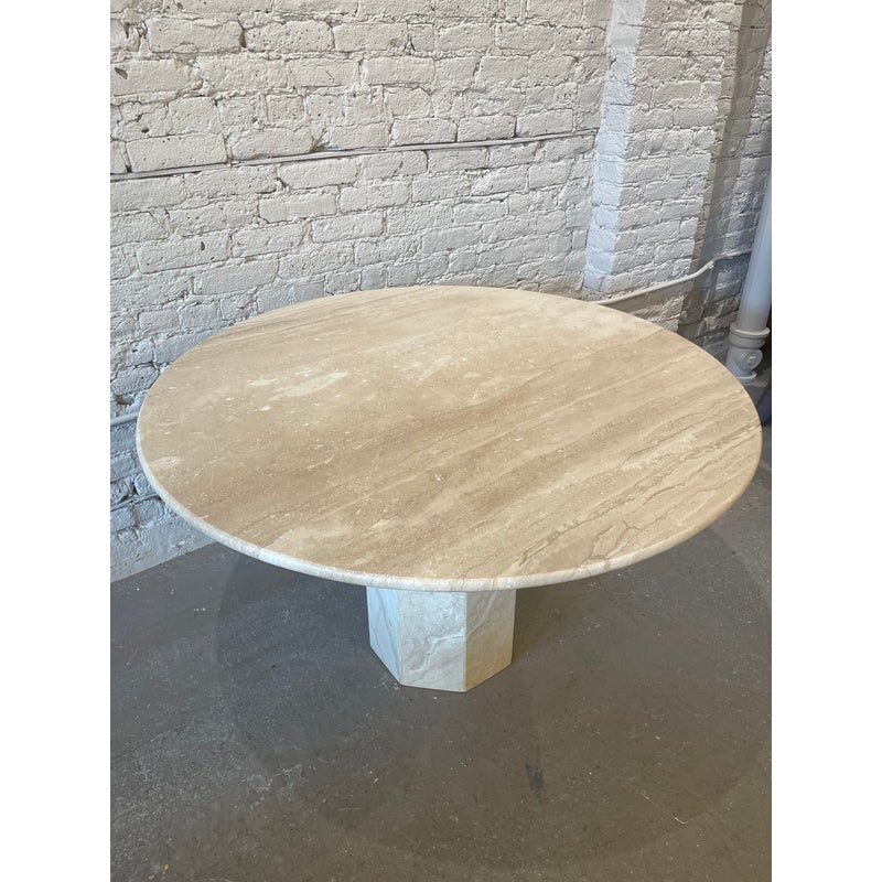 Postmodern Italian Travertine Honed Dining Pedestal Table 1970s