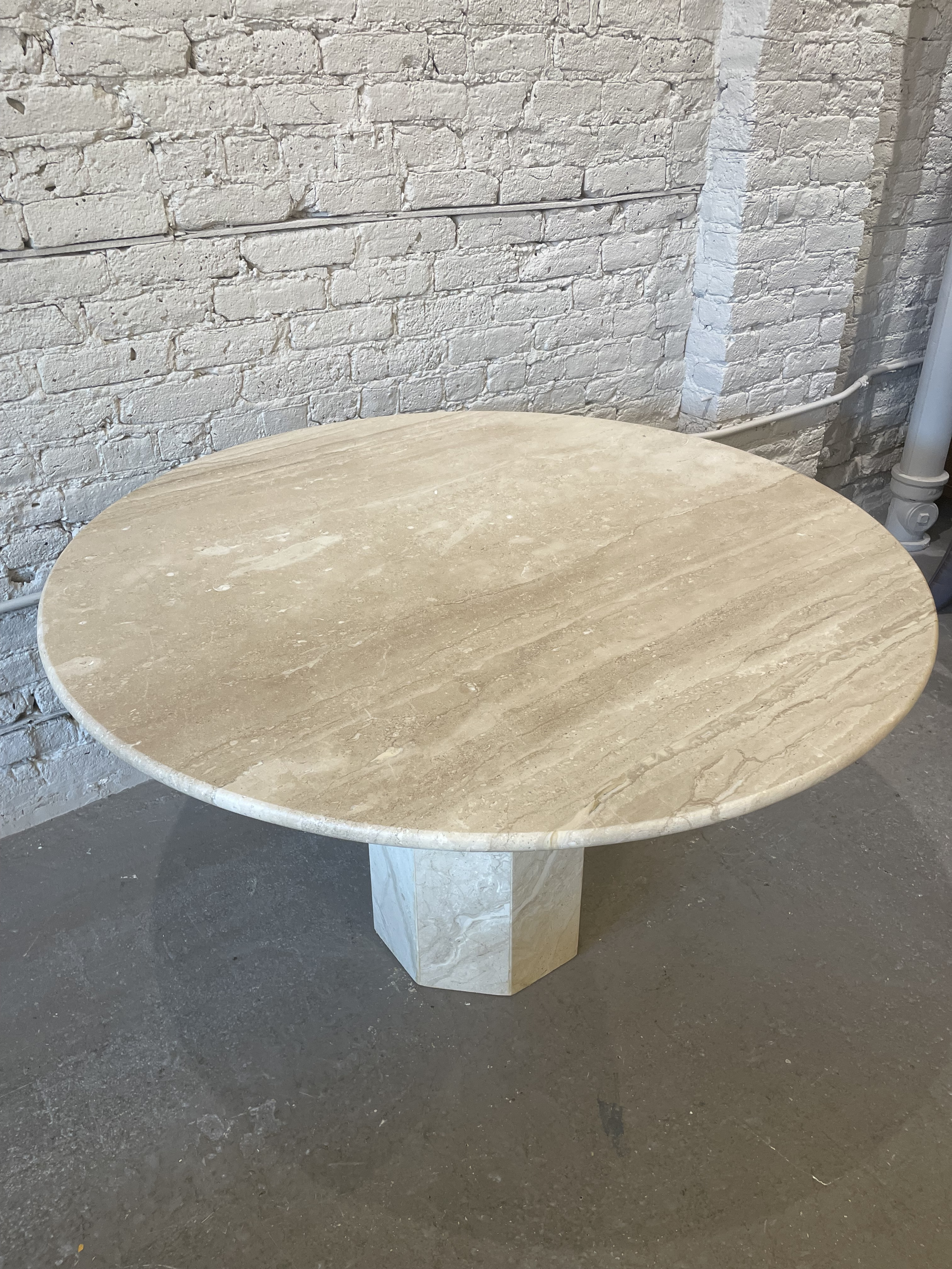 Postmodern Italian Travertine Honed Dining Pedestal Table 1970s