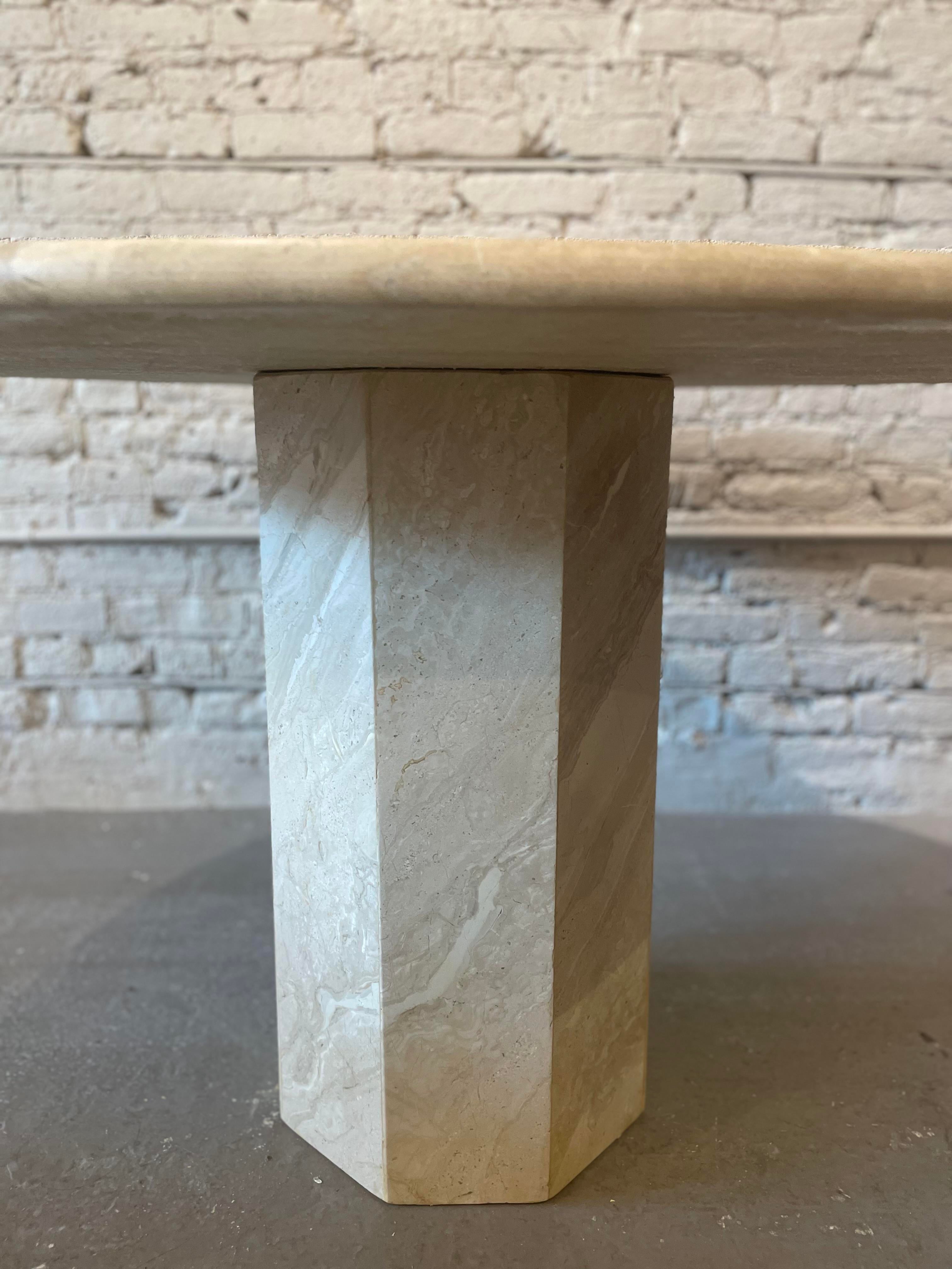 Postmodern Italian Travertine Honed Dining Pedestal Table 1970s