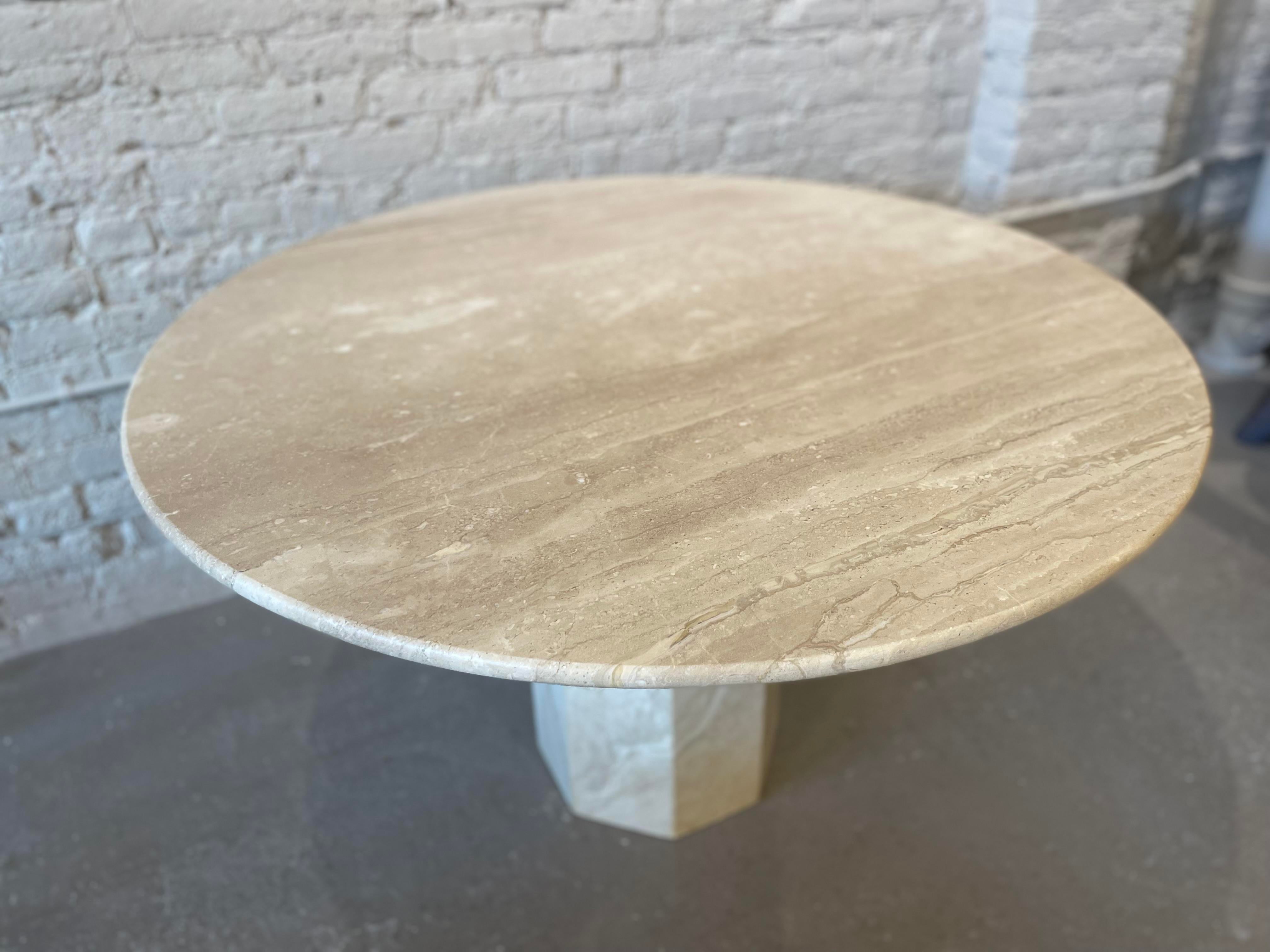 Postmodern Italian Travertine Honed Dining Pedestal Table 1970s