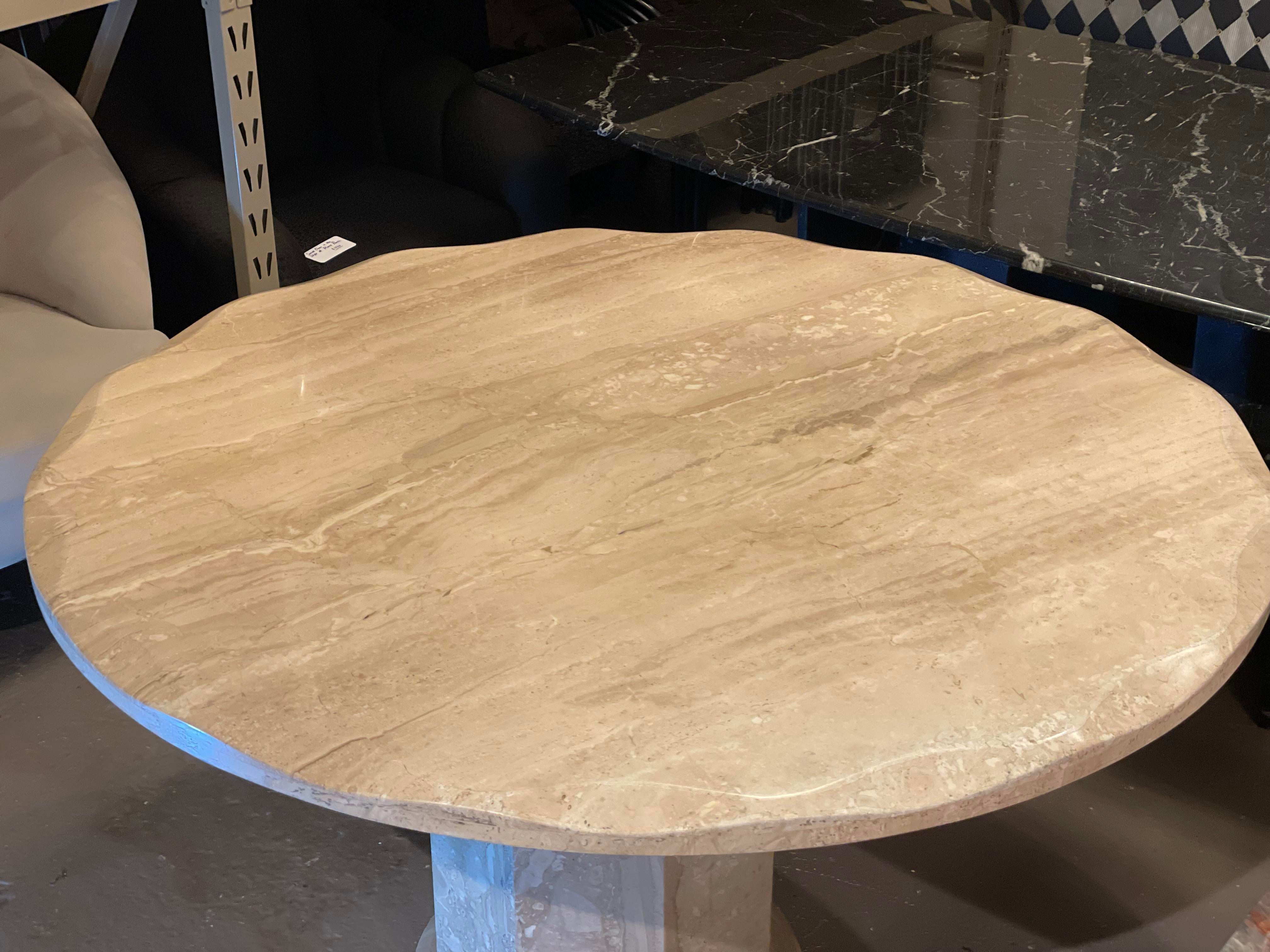 Postmodern Scalloped Edge Round Travertine Dining Table