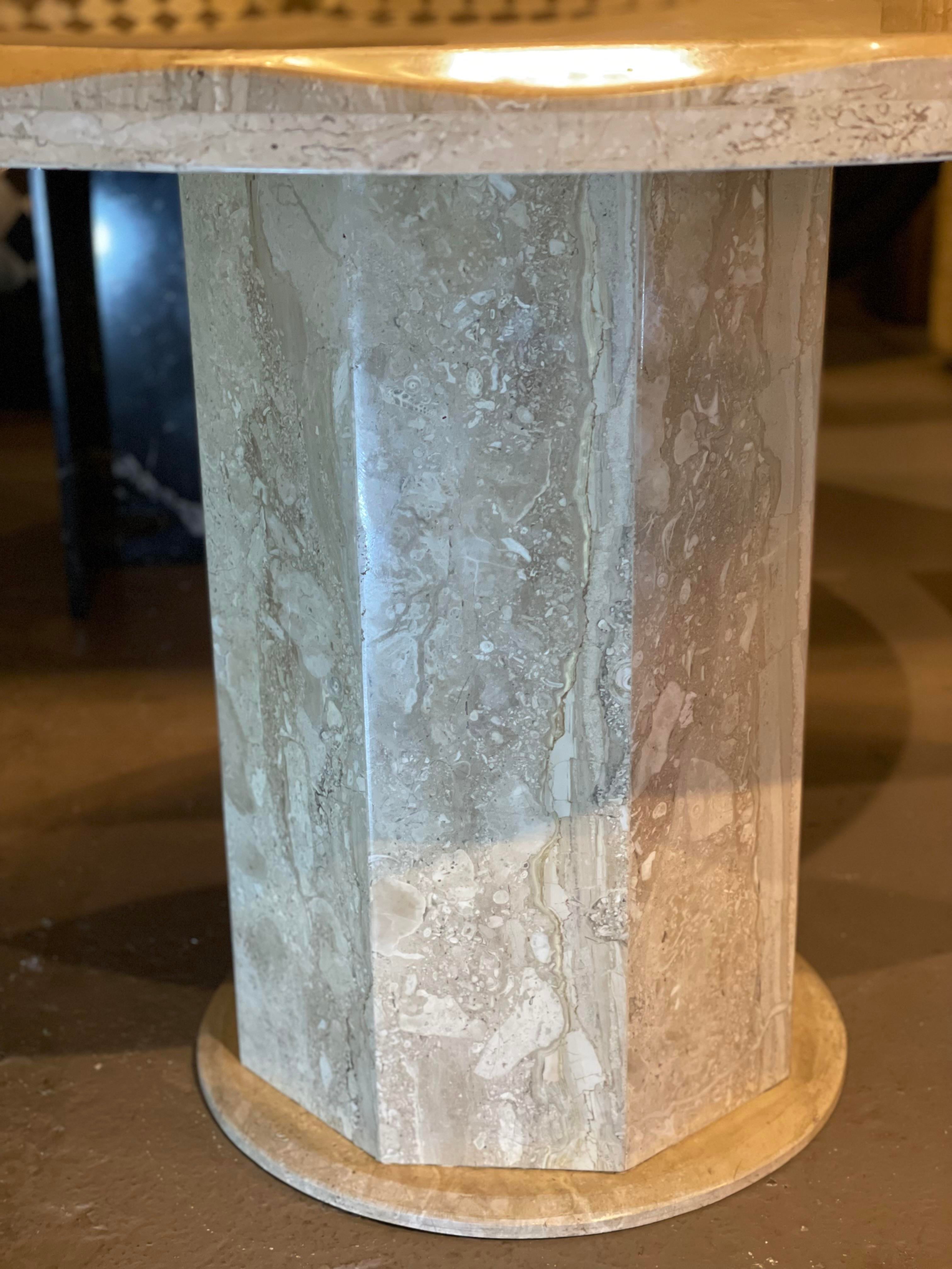 Postmodern Scalloped Edge Round Travertine Dining Table