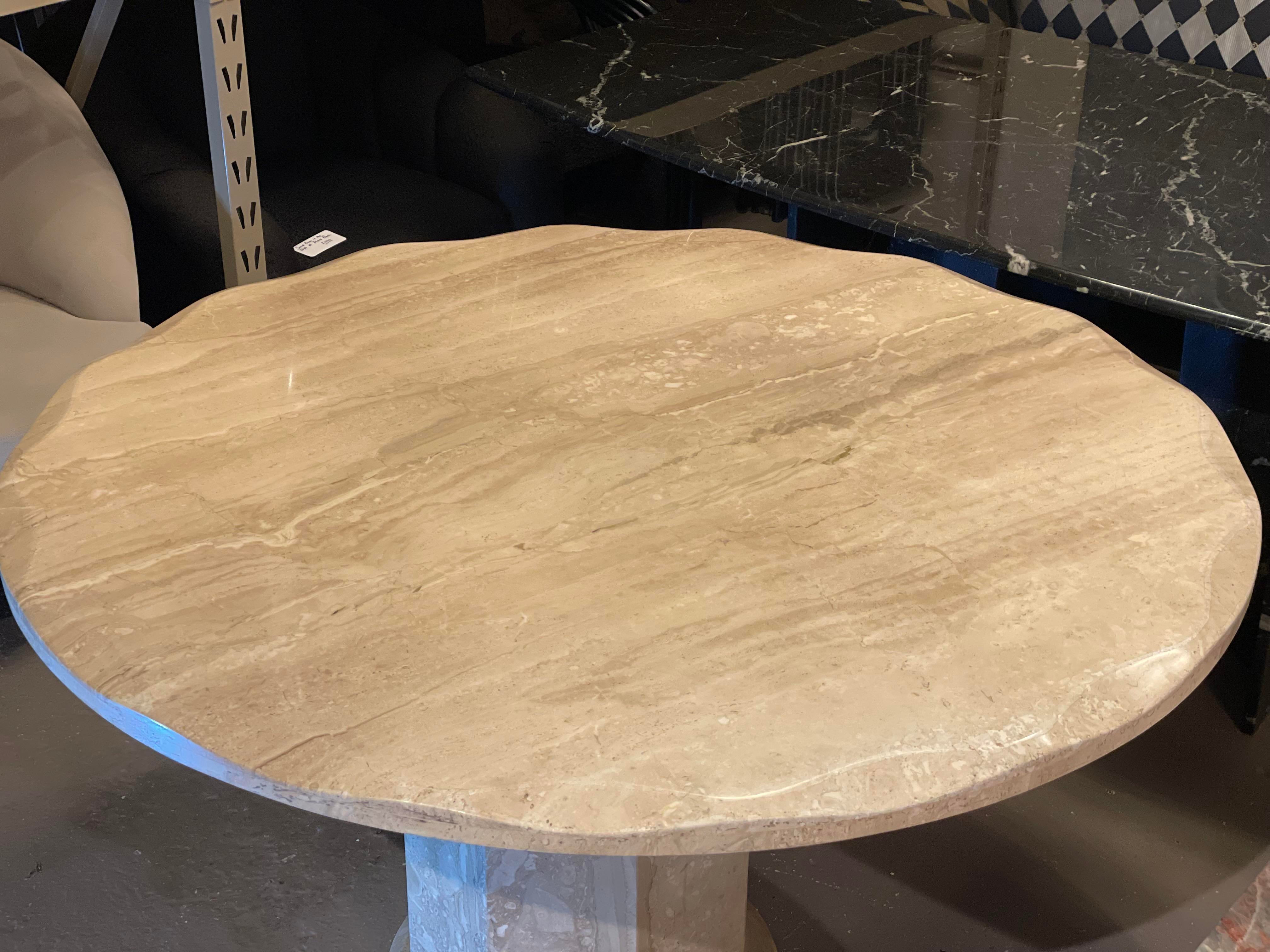 Postmodern Scalloped Edge Round Travertine Dining Table