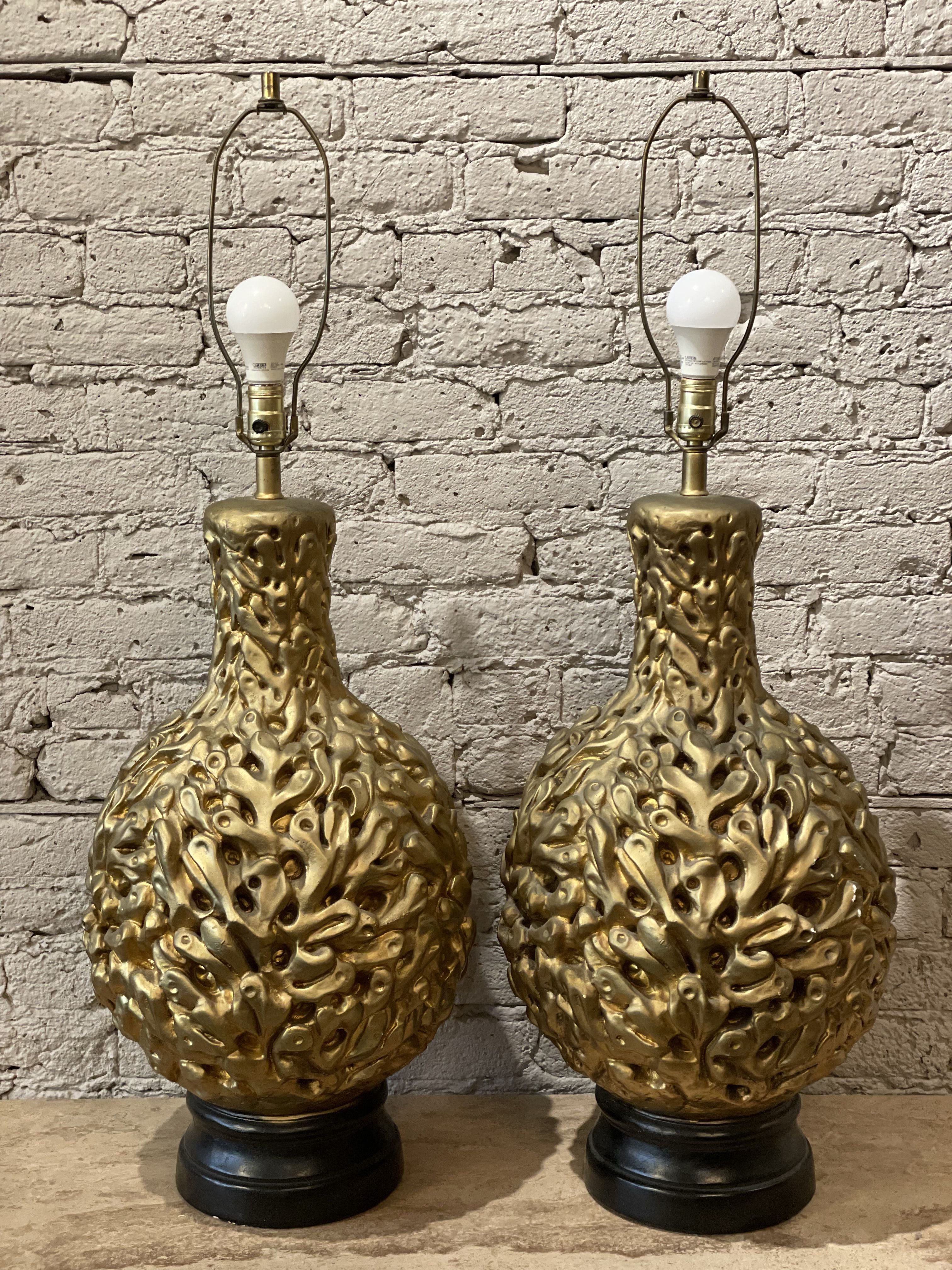 Vintage 1970s Gold Gilt Huge Lamps - a Pair