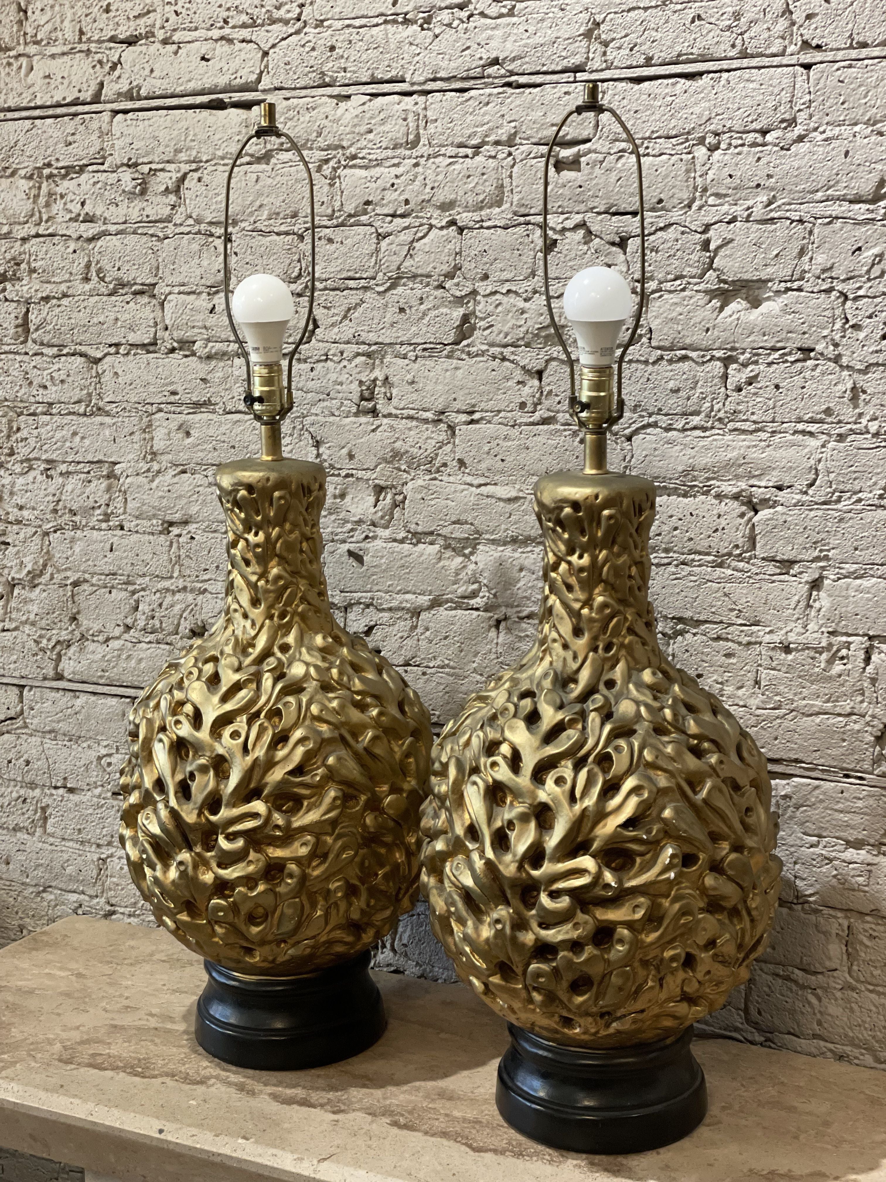 Vintage 1970s Gold Gilt Huge Lamps - a Pair