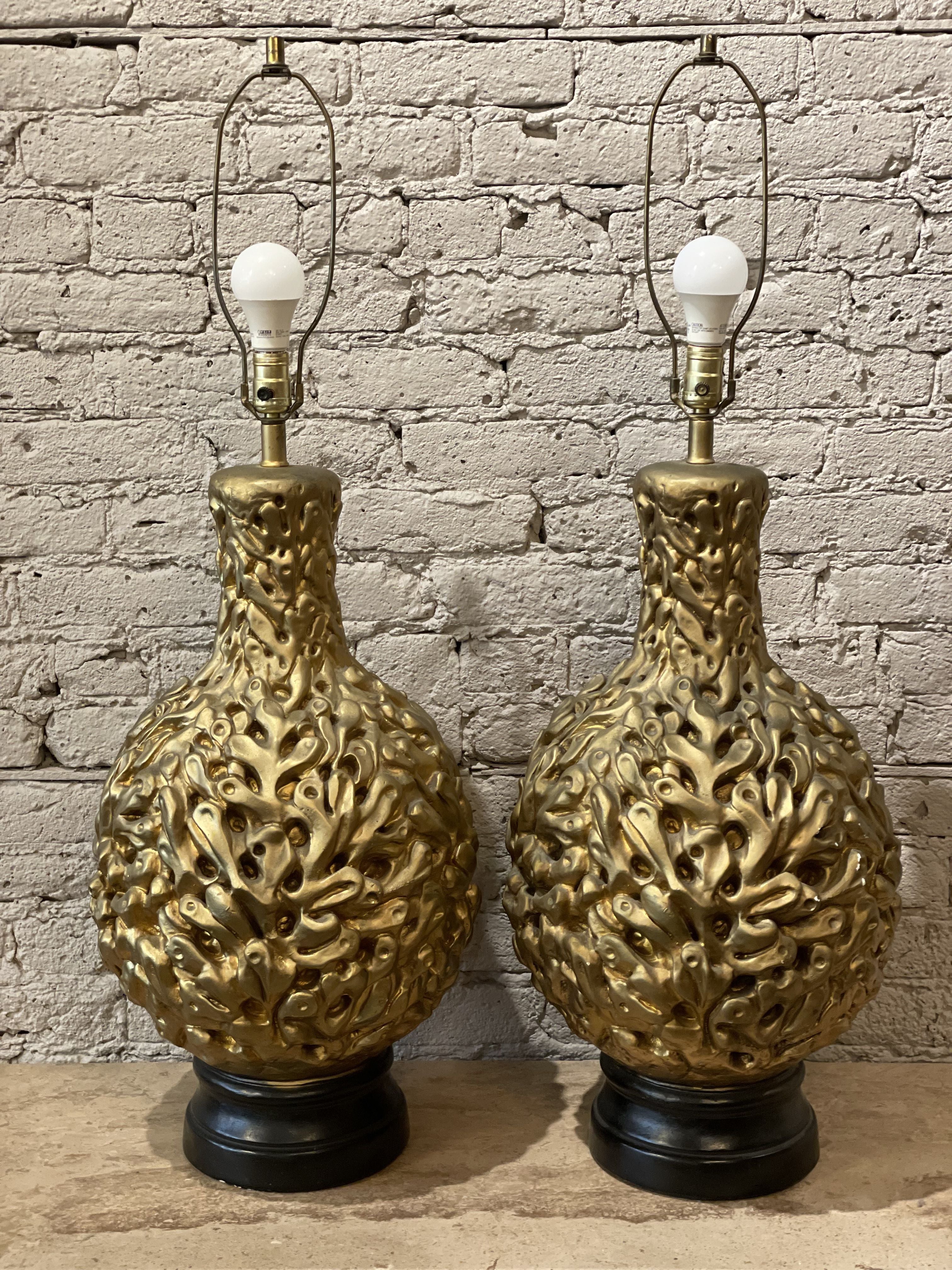 Vintage 1970s Gold Gilt Huge Lamps - a Pair