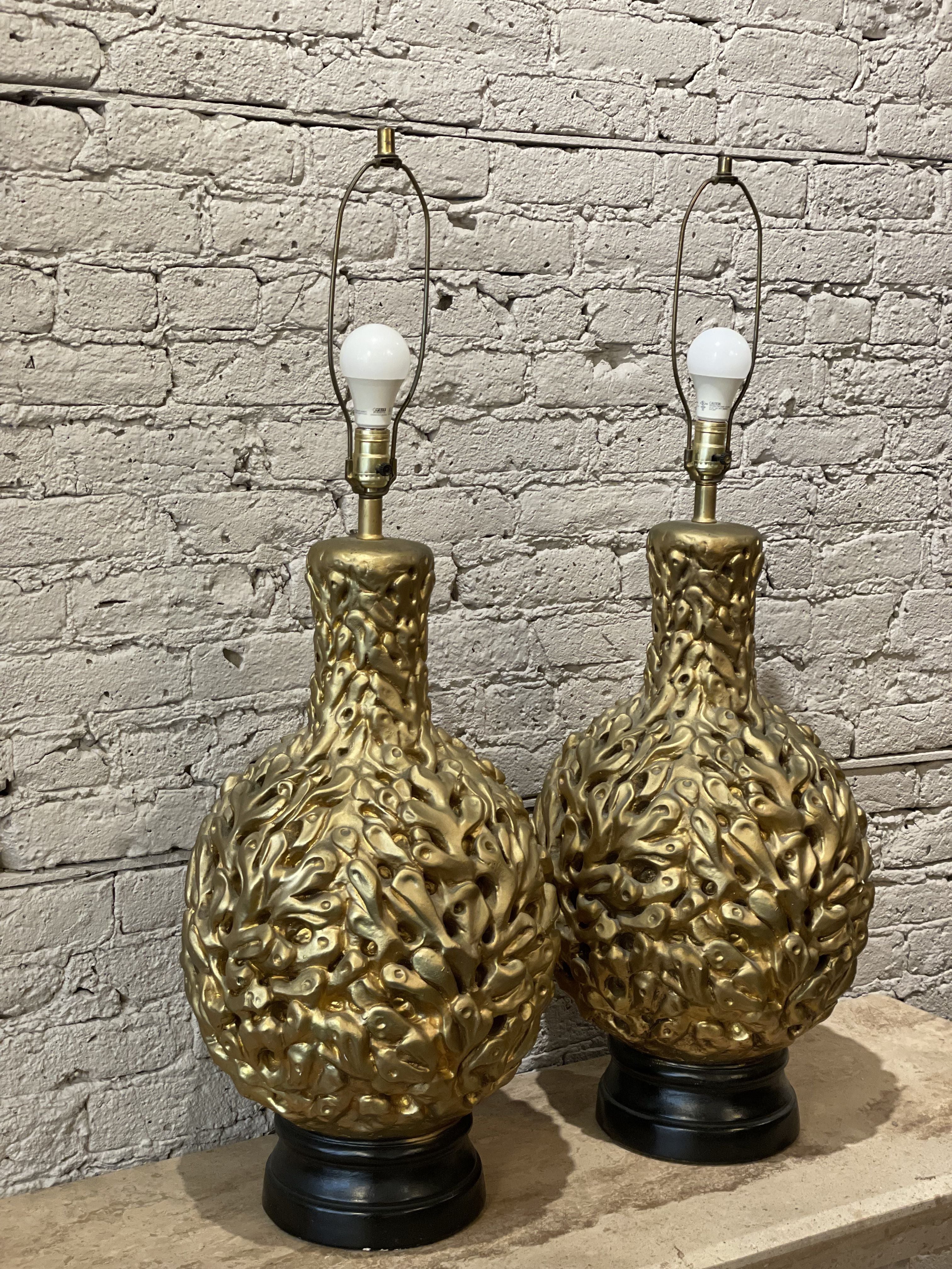 Vintage 1970s Gold Gilt Huge Lamps - a Pair