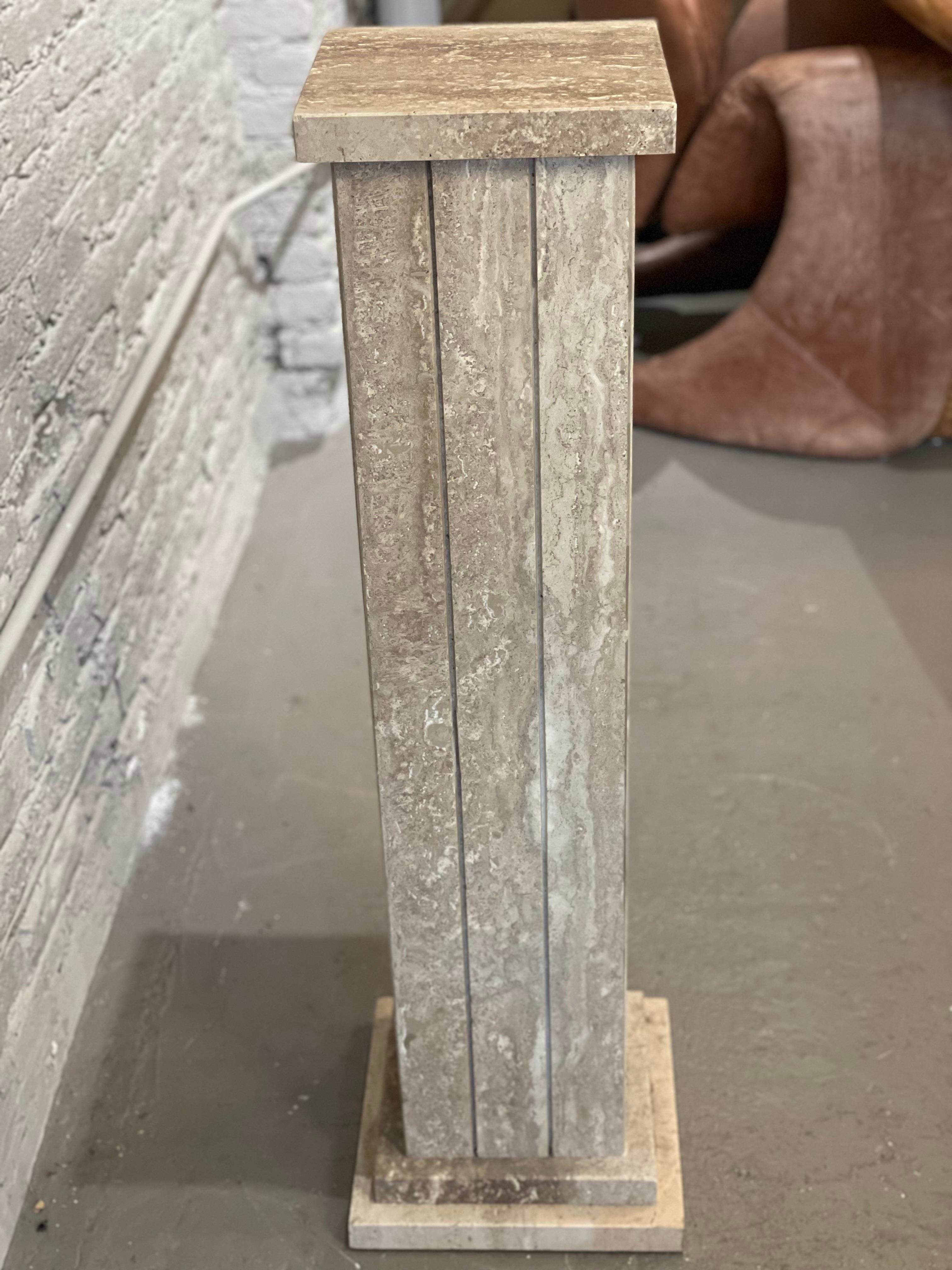 Vintage 1980s Taupe Travertine Pedestal Column