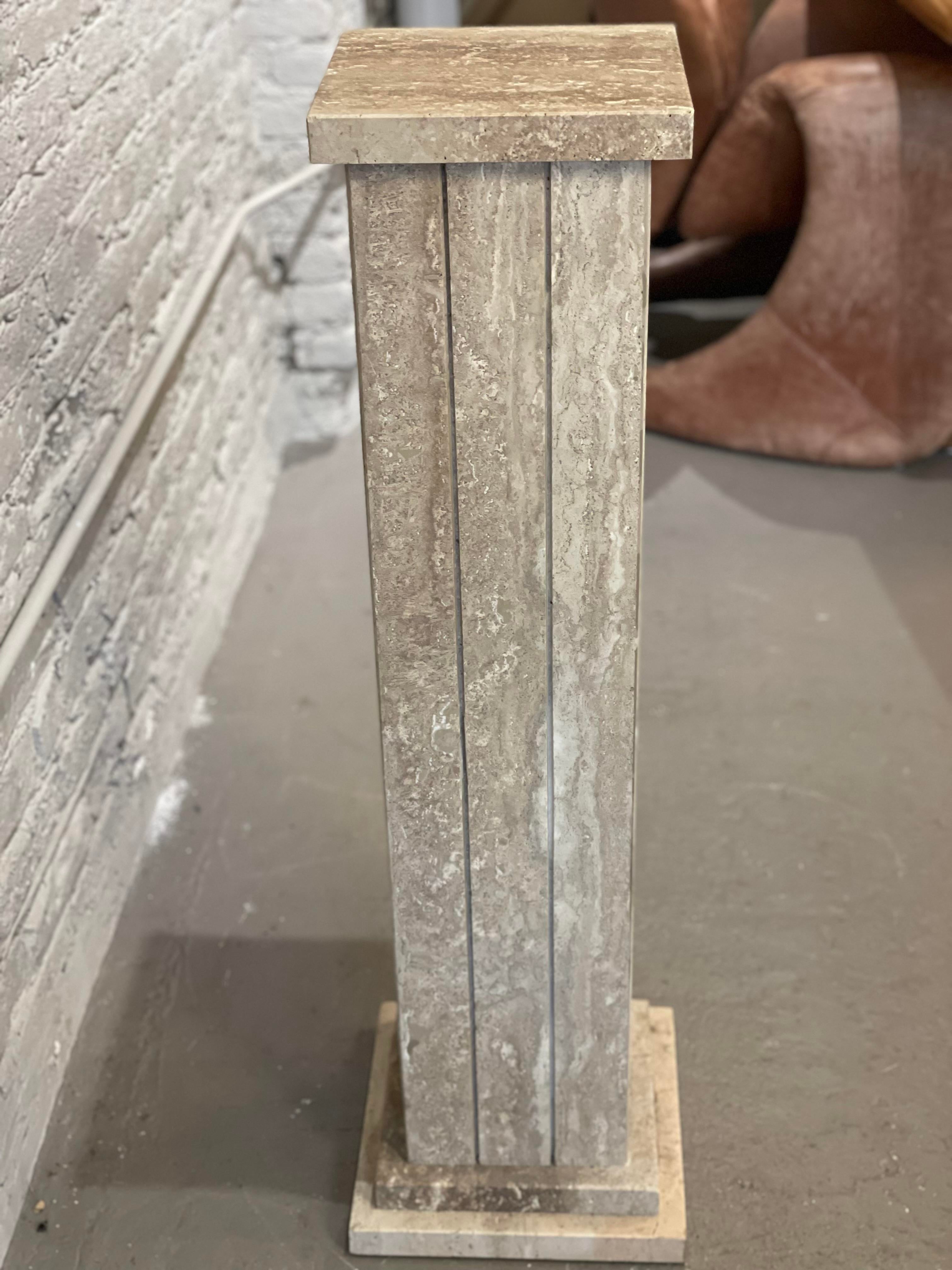 Vintage 1980s Taupe Travertine Pedestal Column