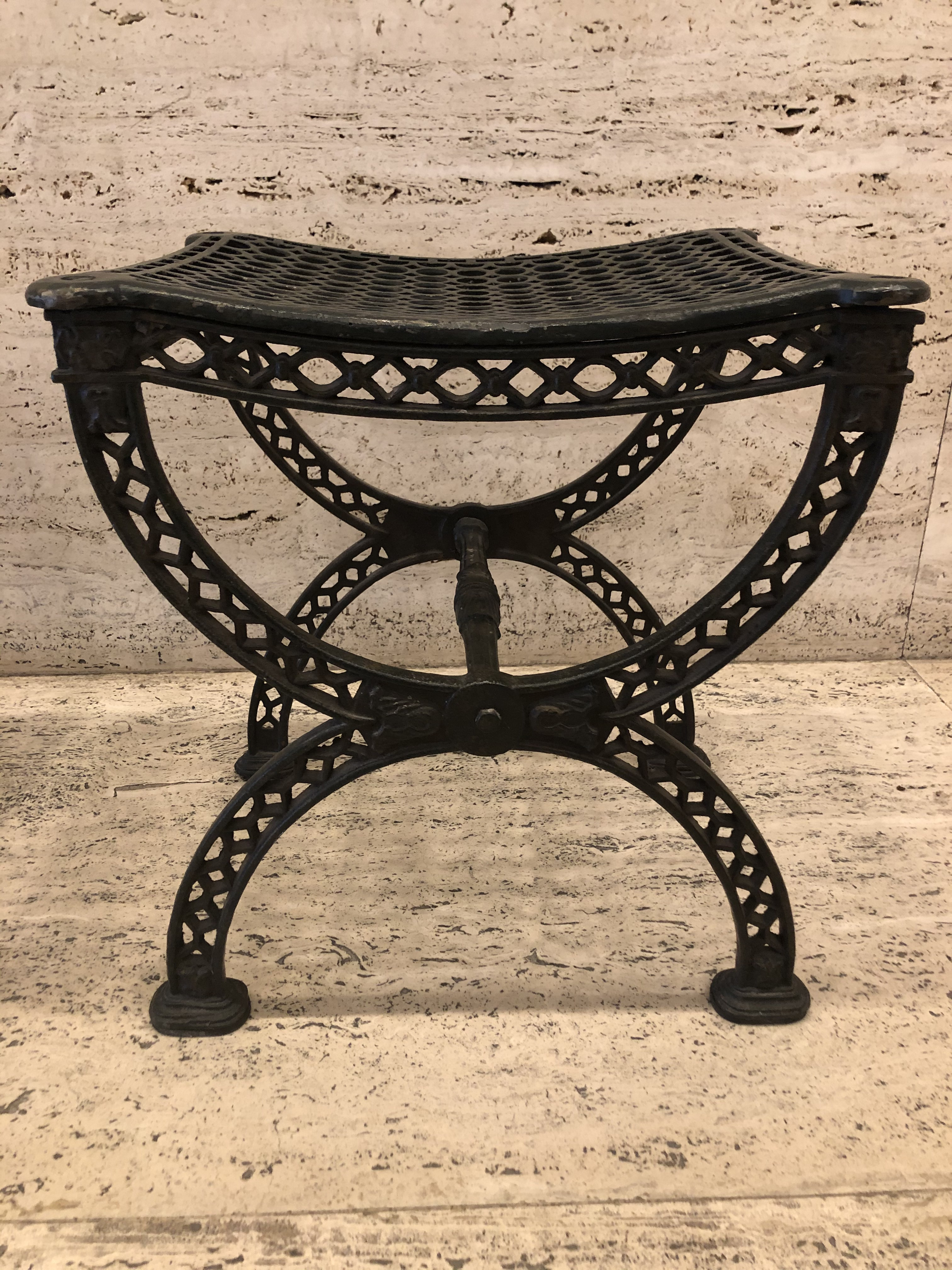 Vintage Antique Cast Iron Filigree X Benches Stools - a Pair