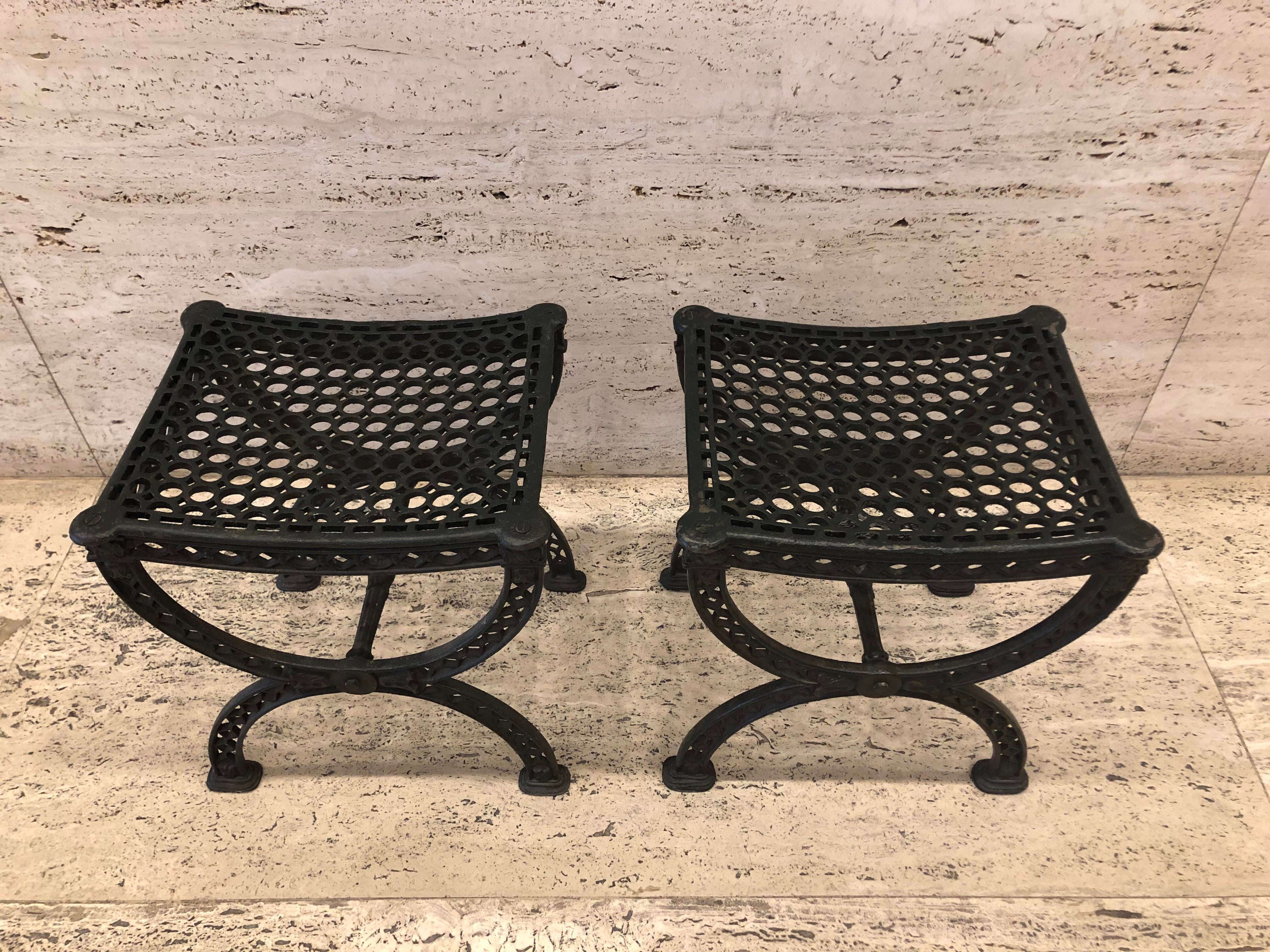 Vintage Antique Cast Iron Filigree X Benches Stools - a Pair