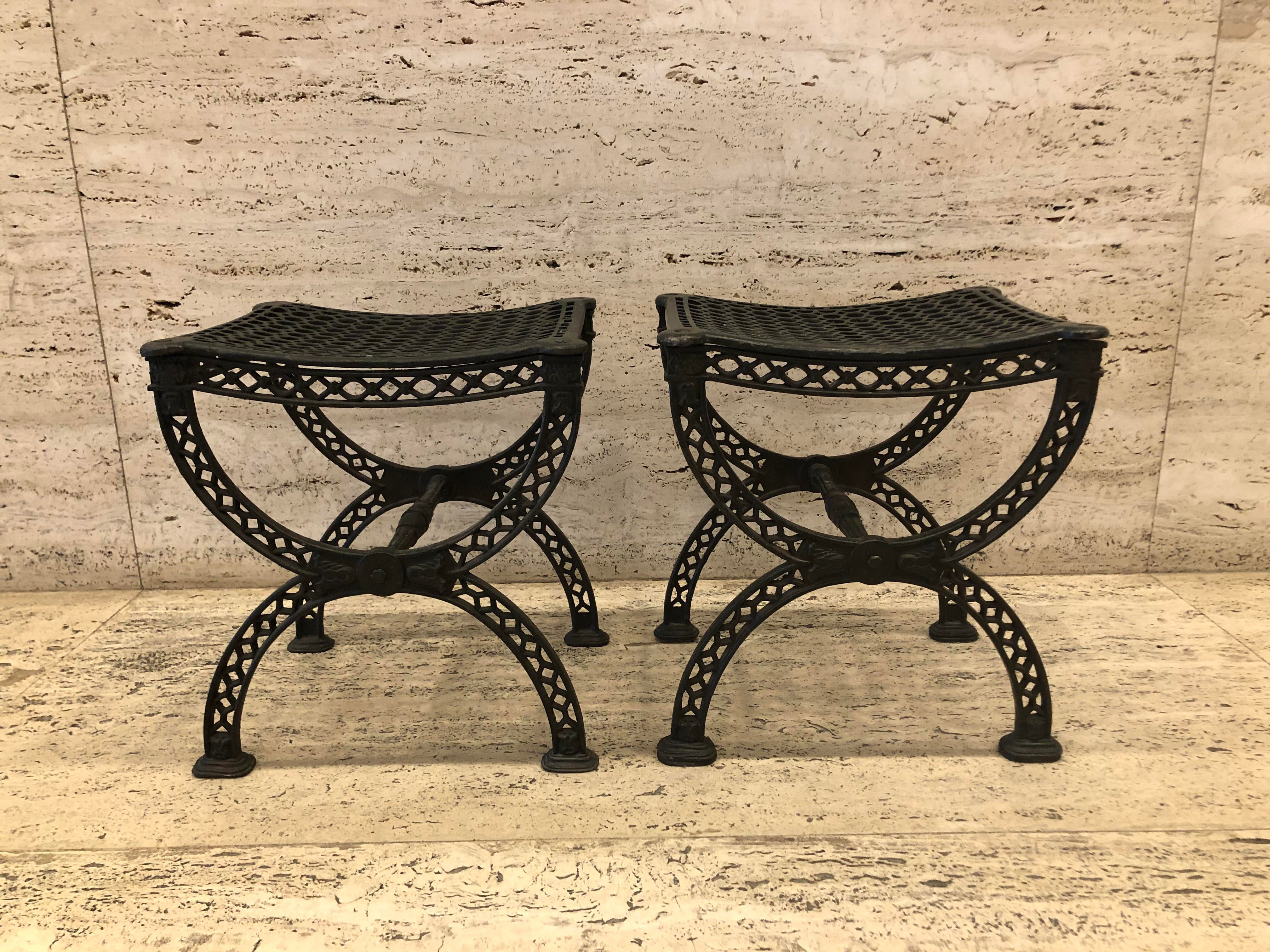 Vintage Antique Cast Iron Filigree X Benches Stools - a Pair