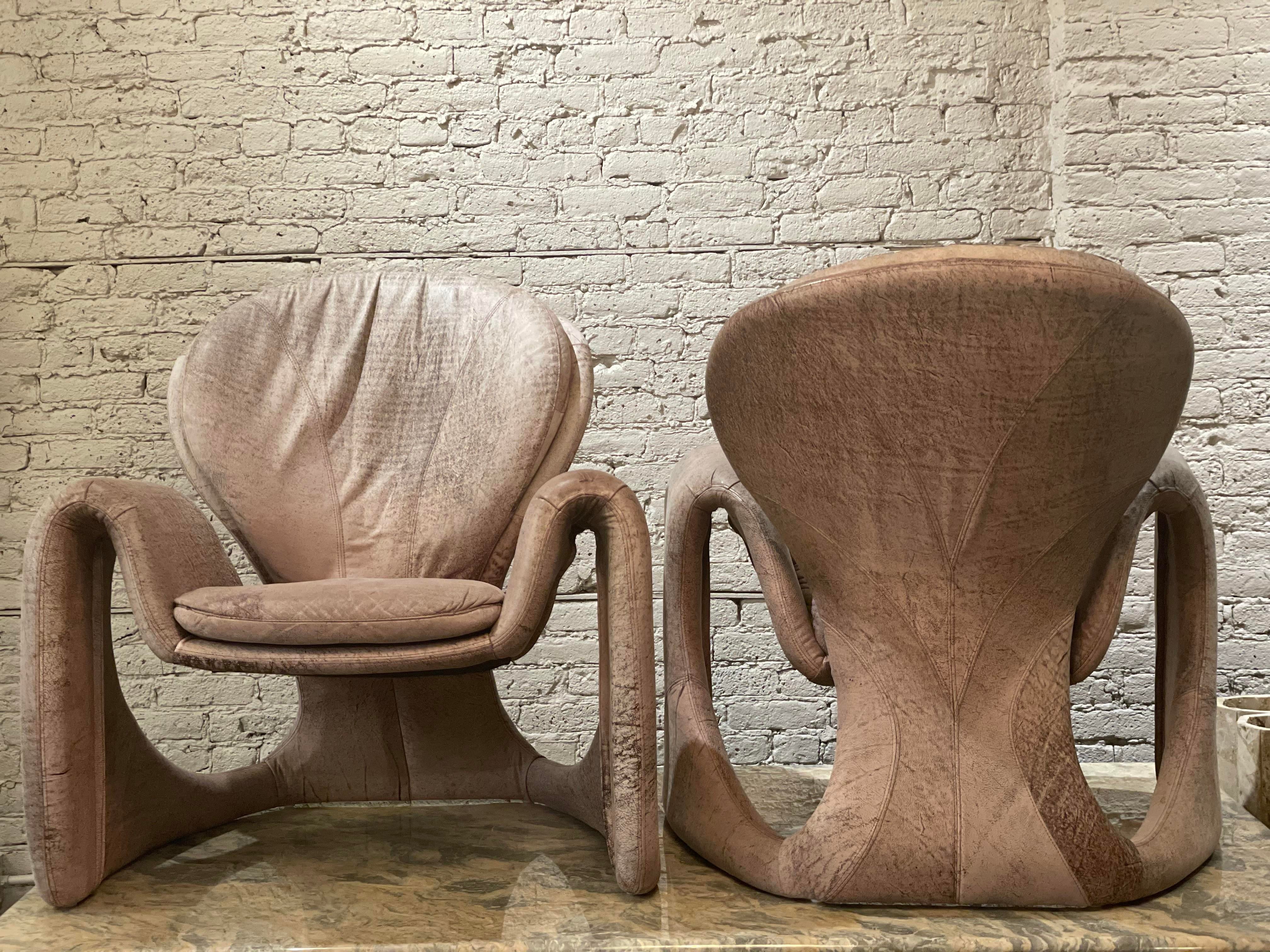 Vintage Distressed Leather Sculptural Chairs - a Pair