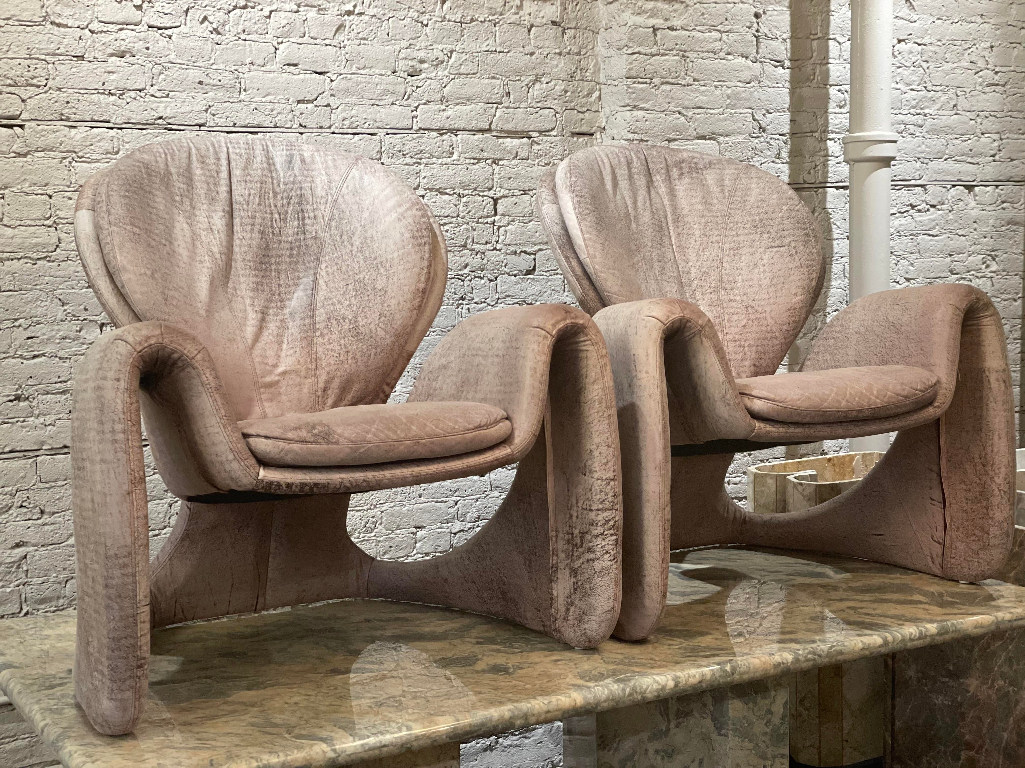 Vintage Distressed Leather Sculptural Chairs - a Pair