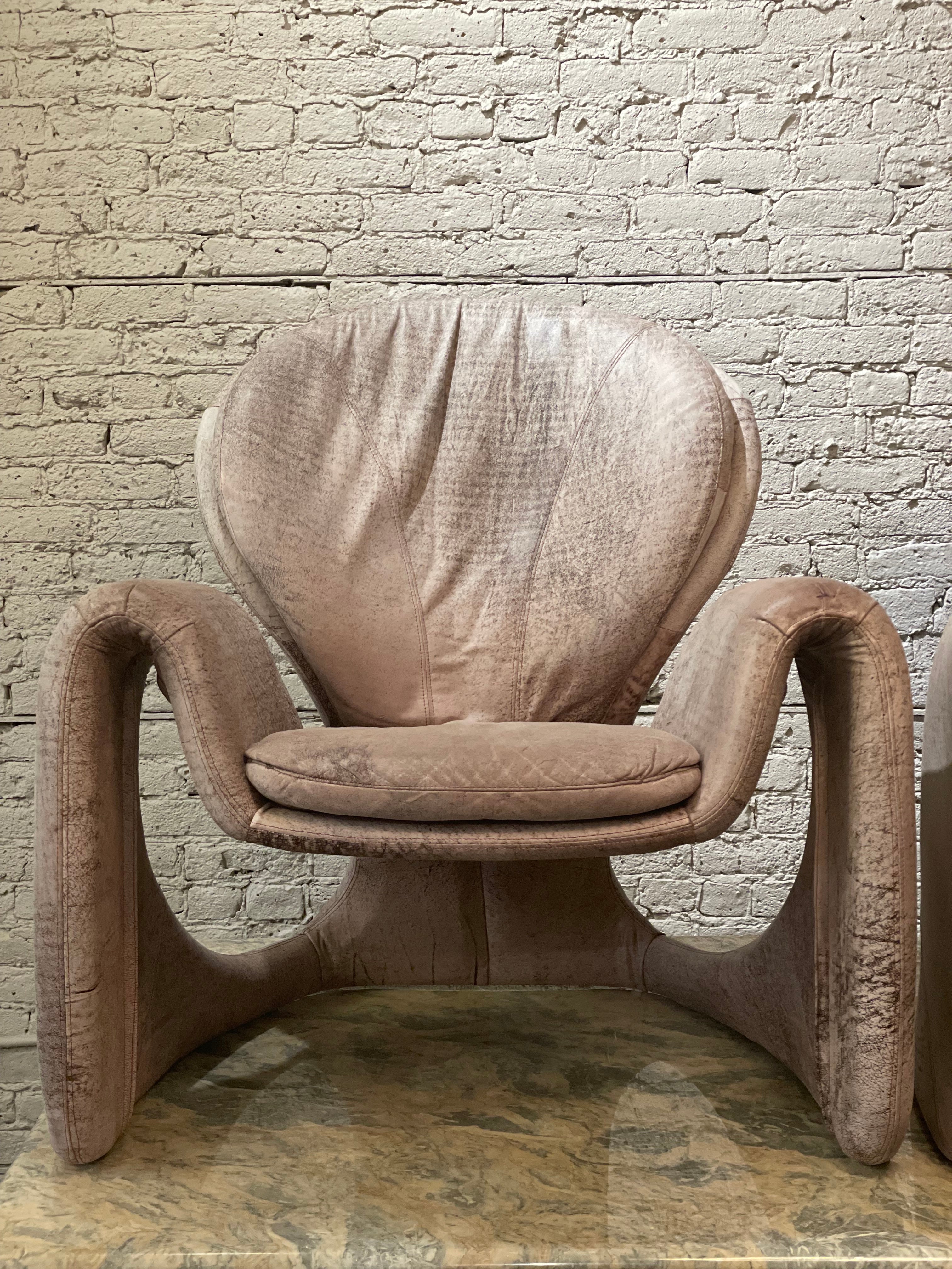 Vintage Distressed Leather Sculptural Chairs - a Pair