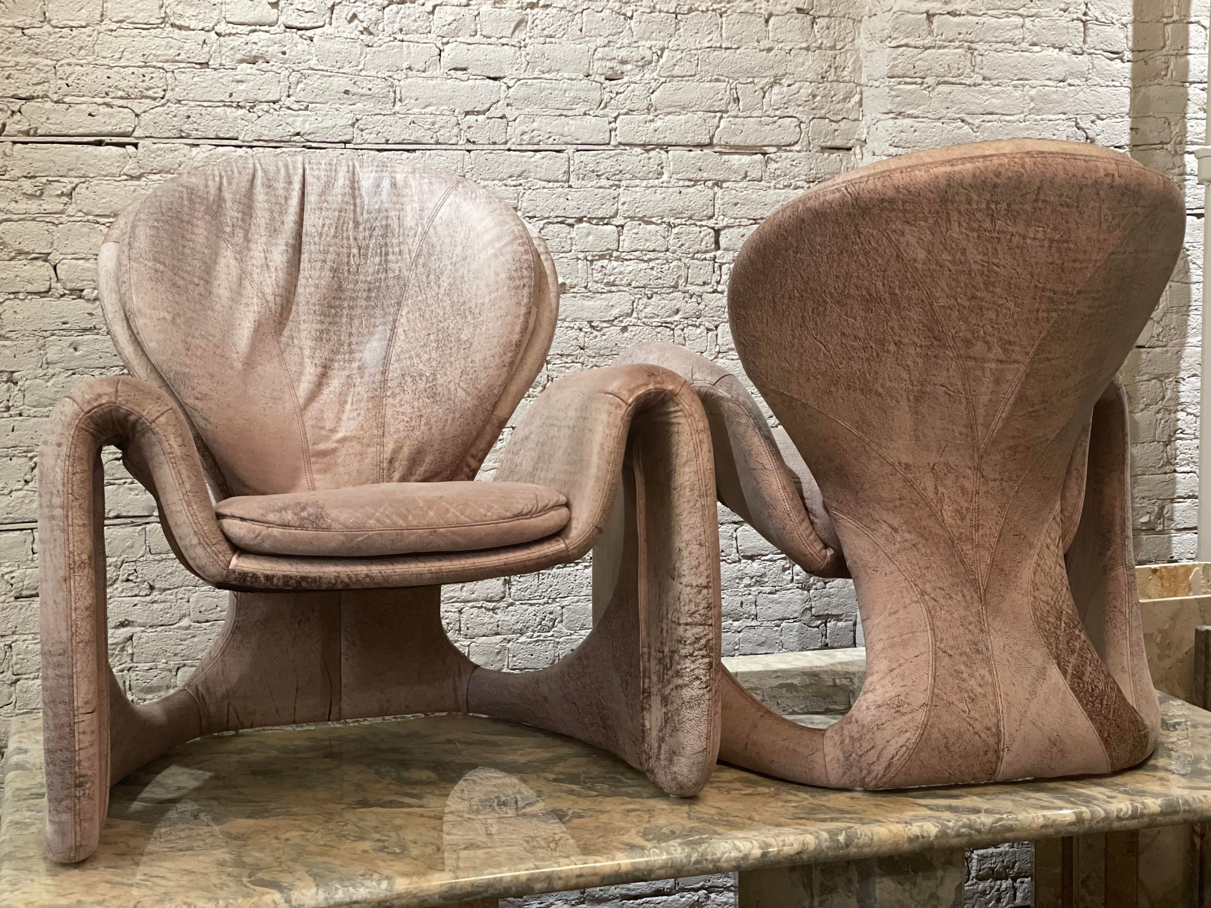 Vintage Distressed Leather Sculptural Chairs - a Pair