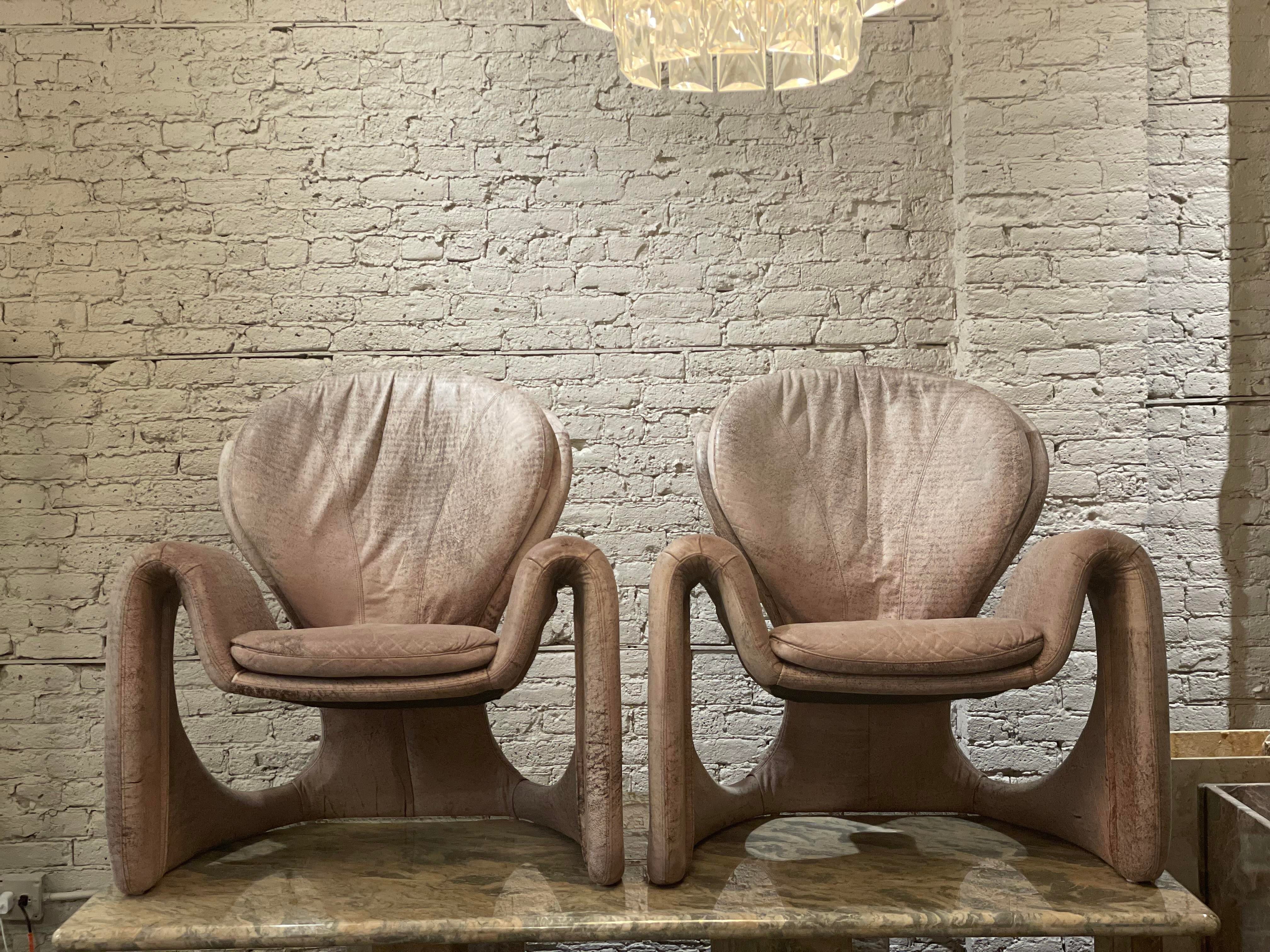 Vintage Distressed Leather Sculptural Chairs - a Pair