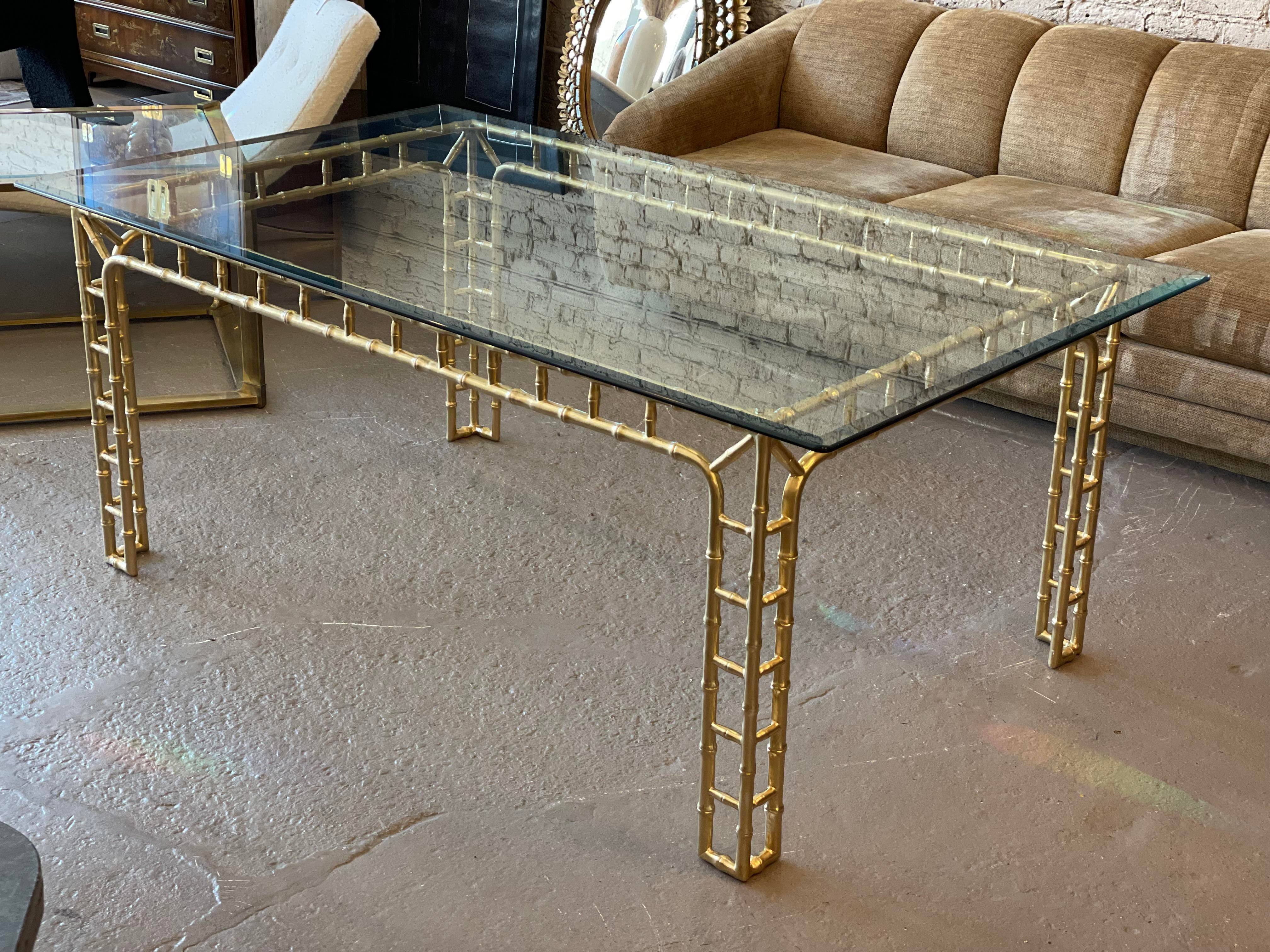 Vintage Hollywood Regency Gold Metal Faux Bamboo Dining Table