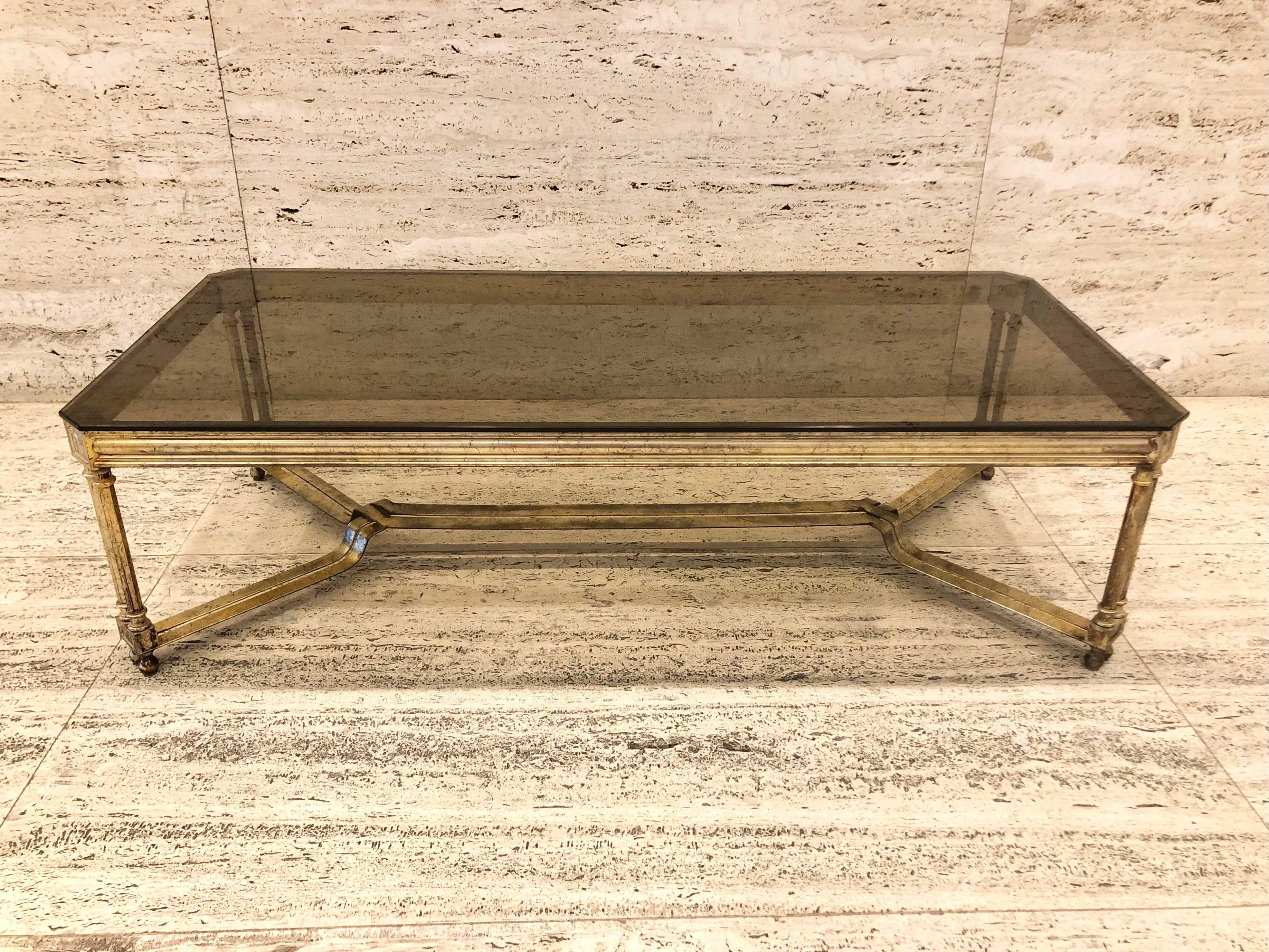 Vintage Hollywood Regency Italian Gilted Smoked Glass Coffee Table