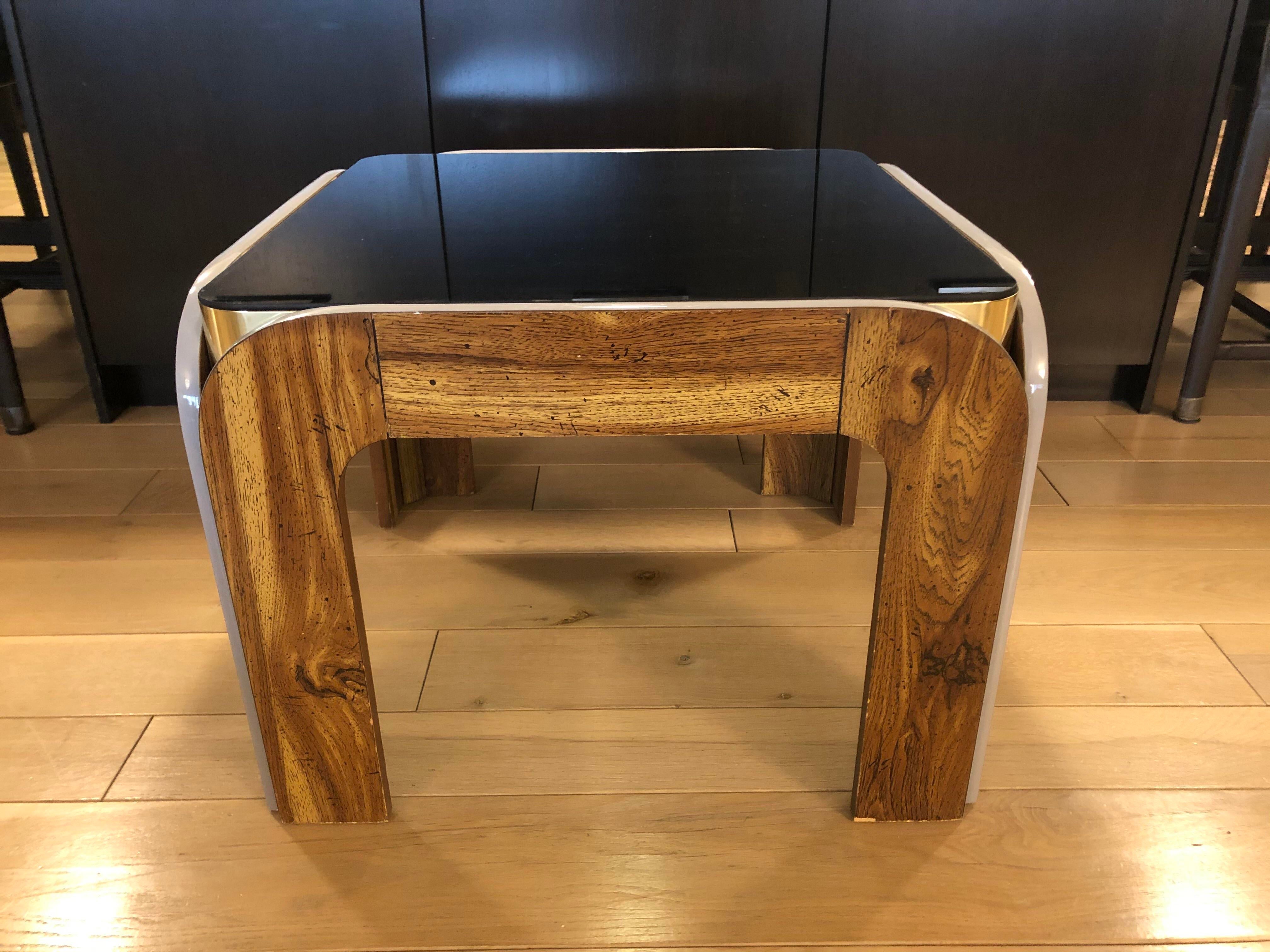 Vintage Post Modern Wood Brass and Black Glass Side Table