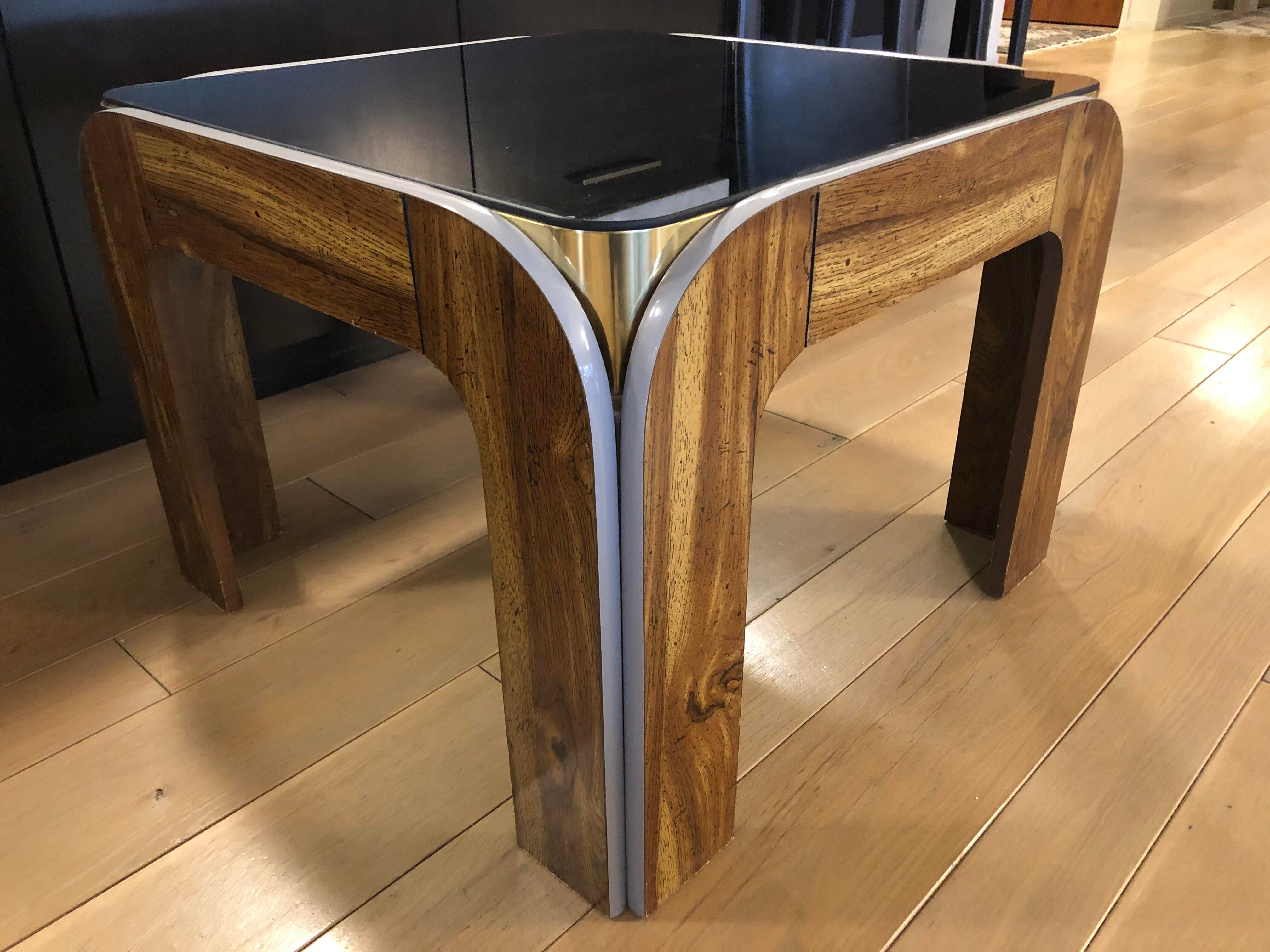 Vintage Post Modern Wood Brass and Black Glass Side Table