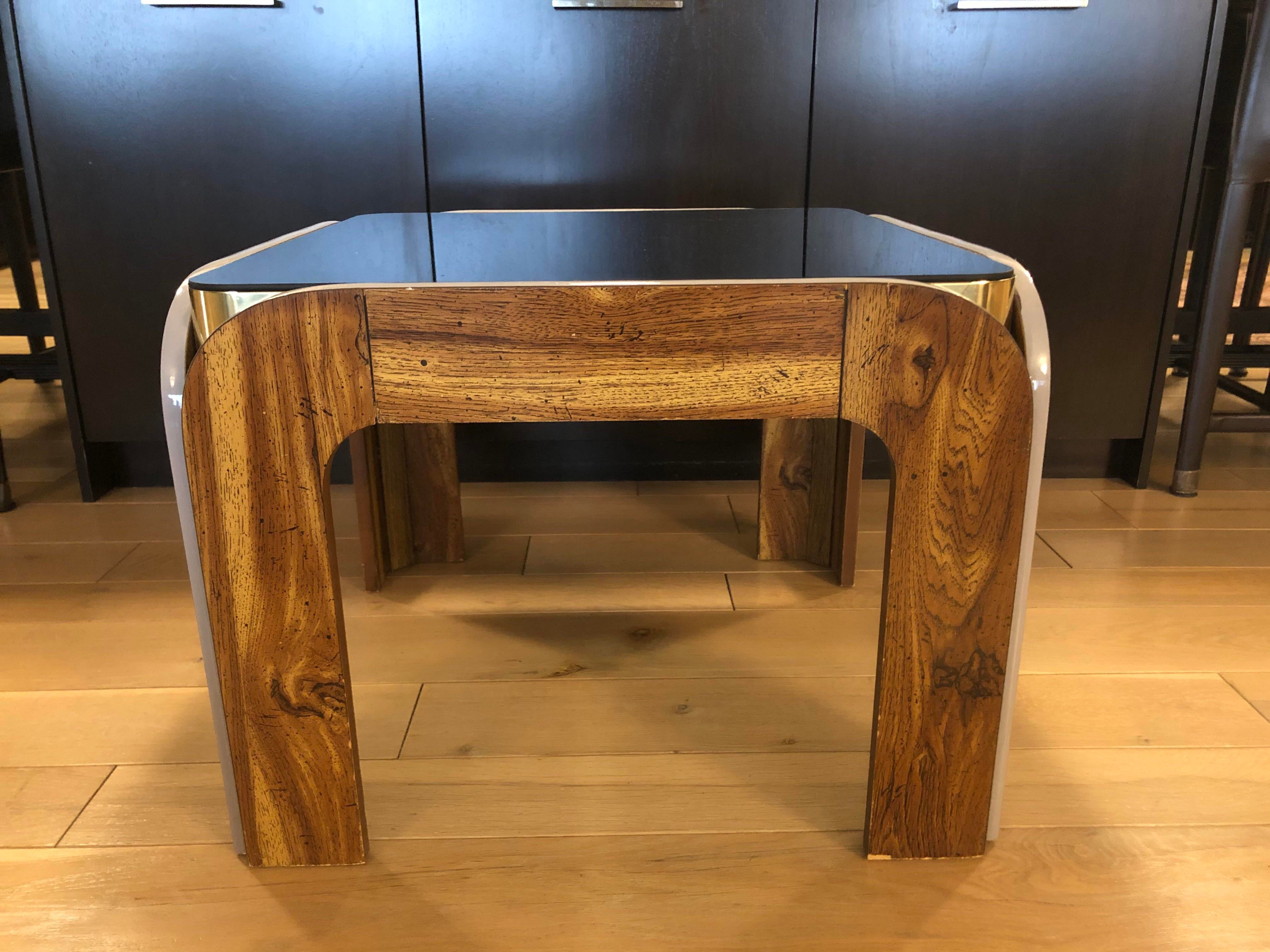 Vintage Post Modern Wood Brass and Black Glass Side Table